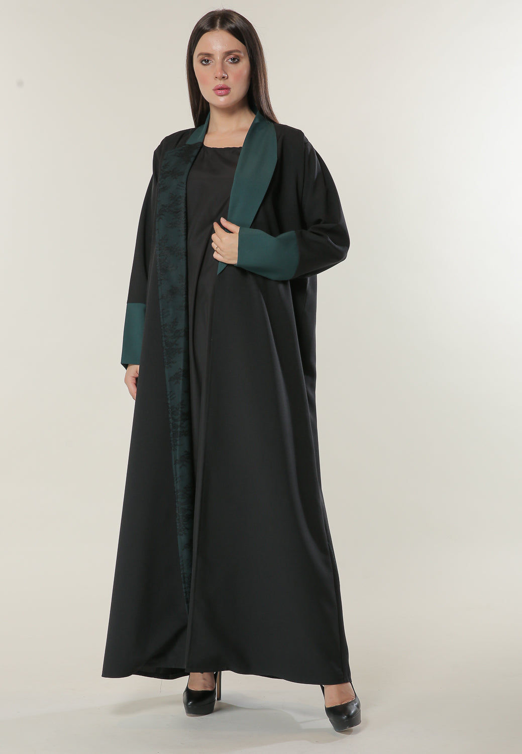 MOiSTREET Black Abaya with Contrast Panels Overlaid with Net Lace