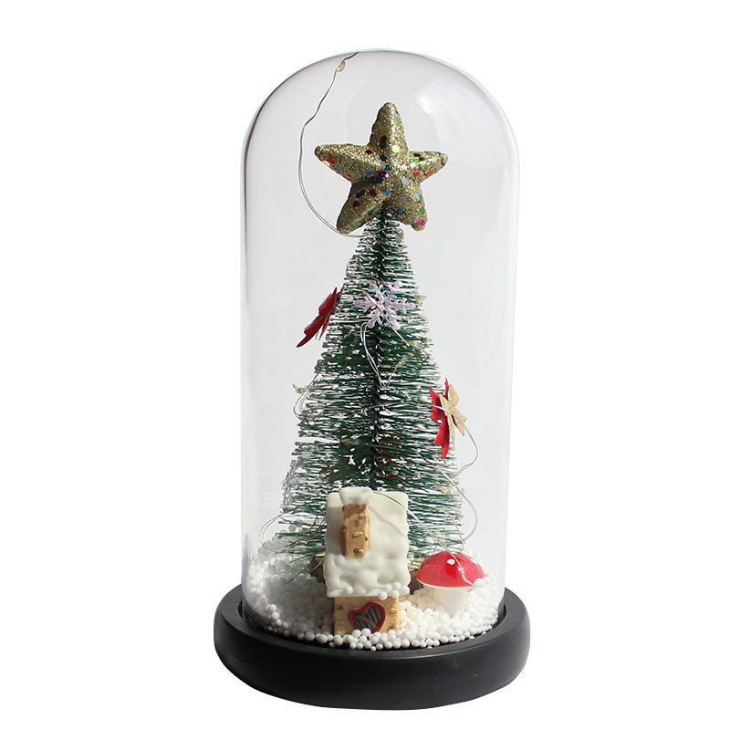 LED Christmas Tree In Glass Cover Tabletop Decoration Night Light Bedside Lamp Ornament