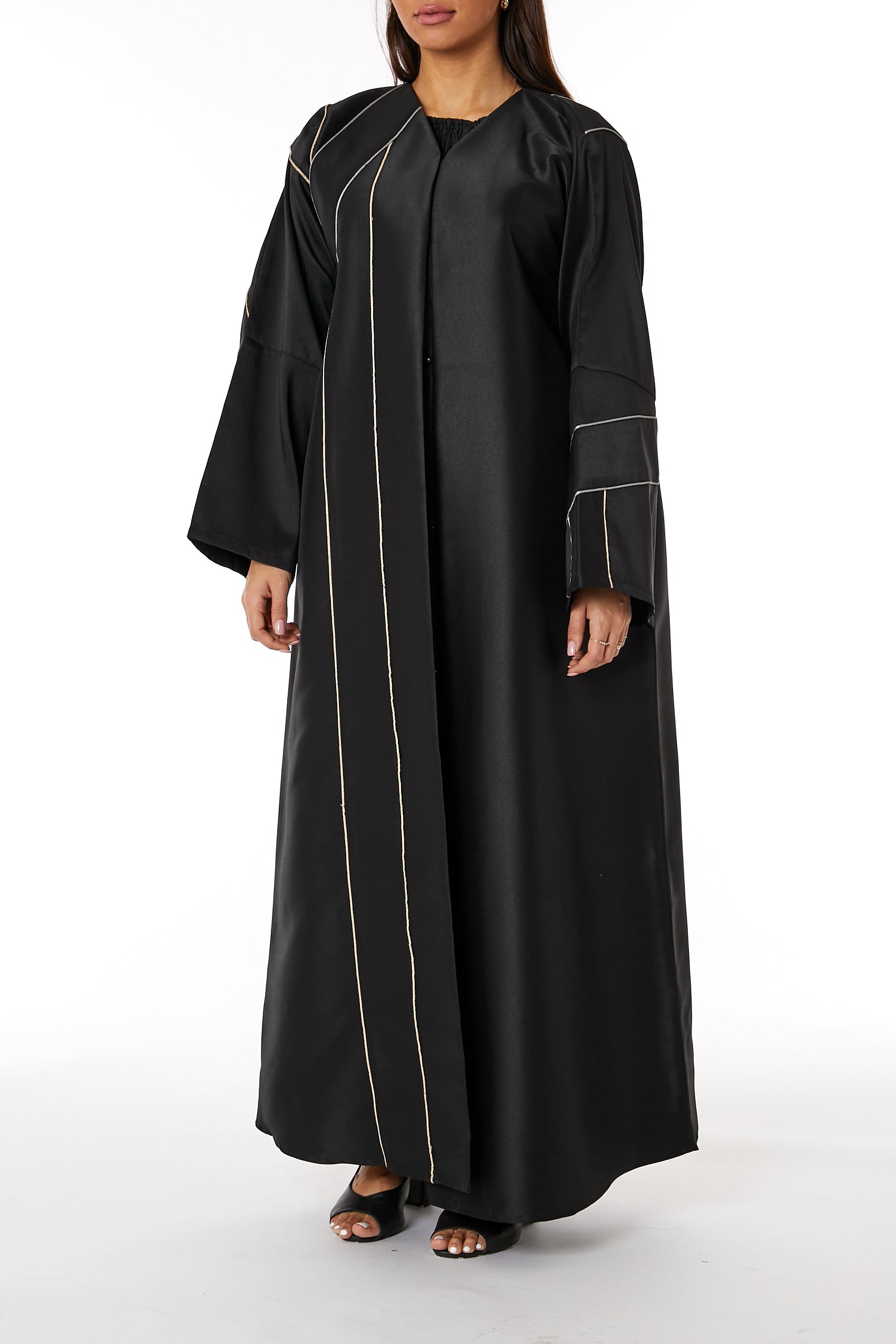 MOiSTREET Black Bridal Satin V-Neck Abaya with contrast Lining