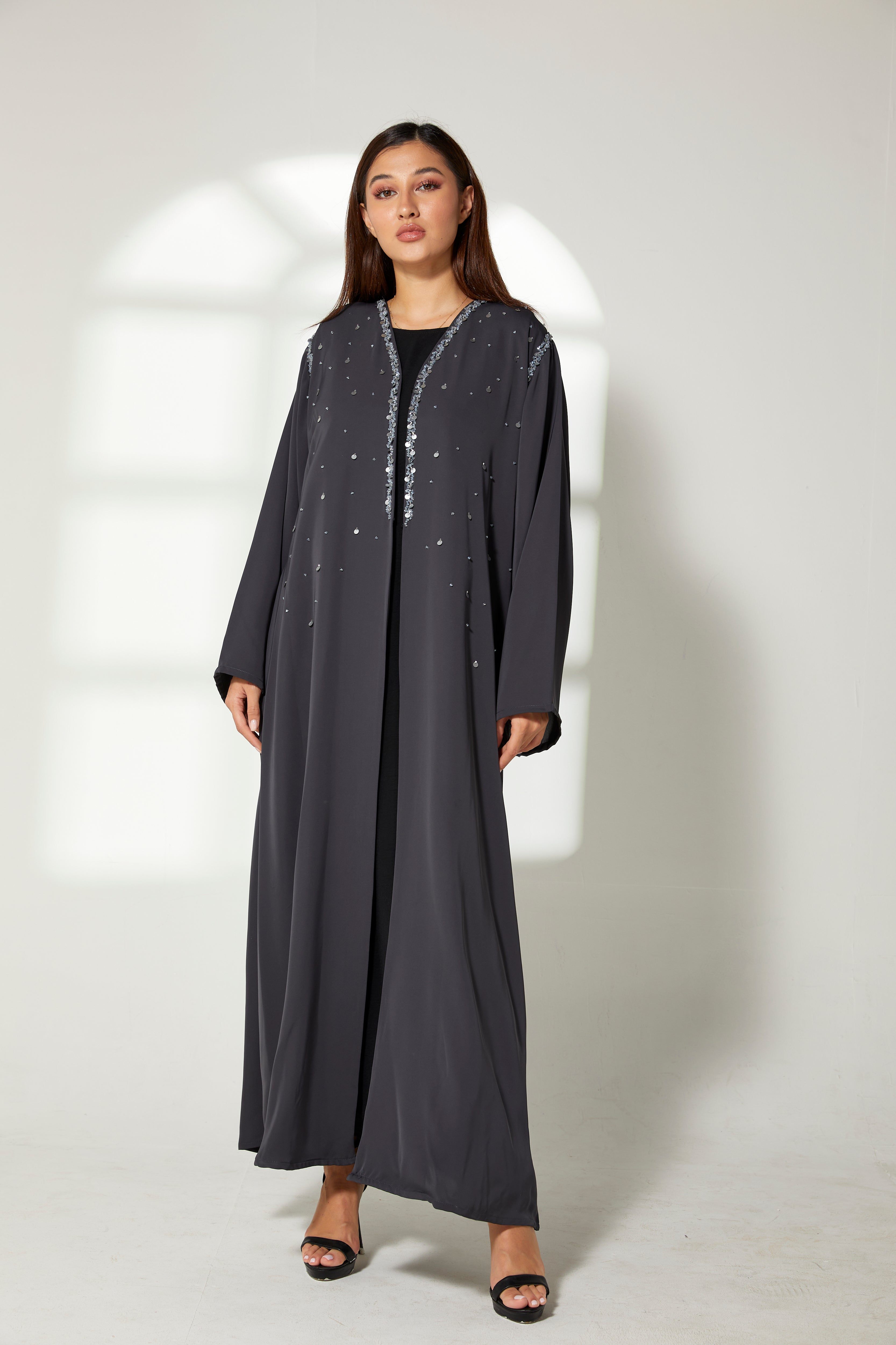 MOiSTREET Grey Korean Nida Embroidery Abaya