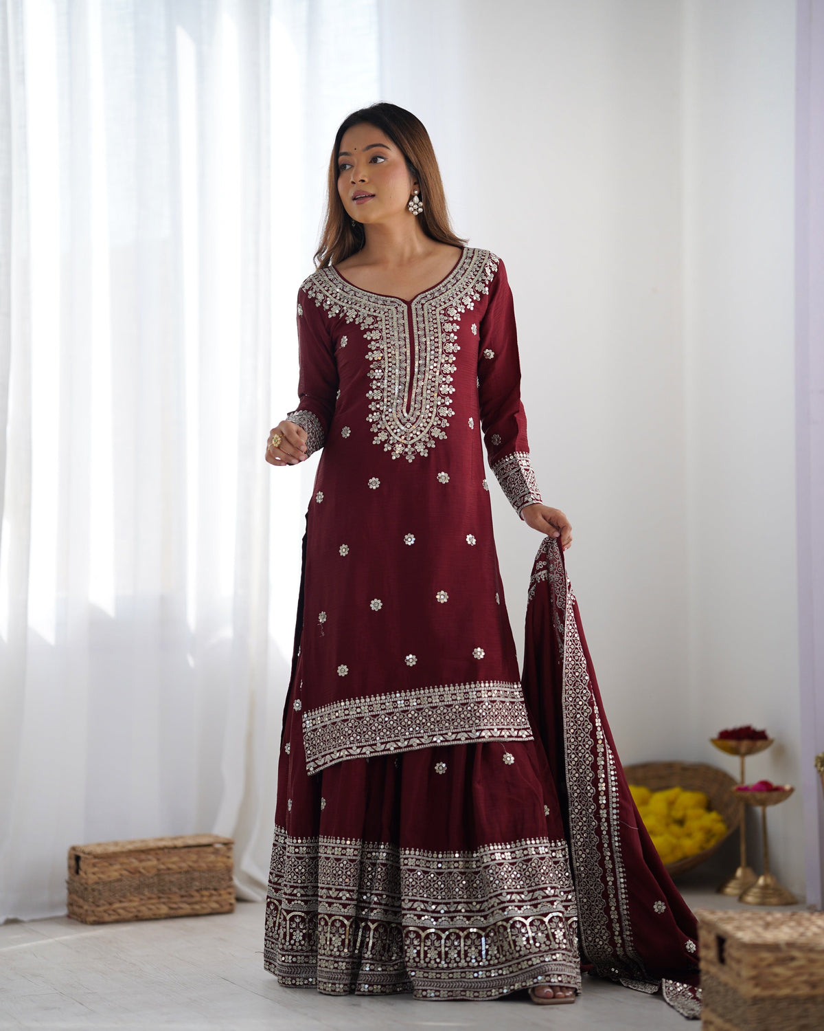 Fab Zone Women's Heavy Embroidered Kurti Plazo Set With Dupatta