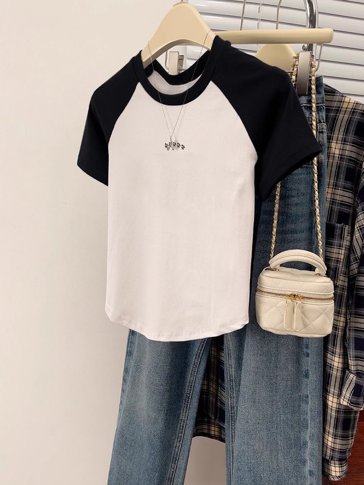 Pure Cotton Curved Hem Round Neck Short Sleeve T Shirt For Women