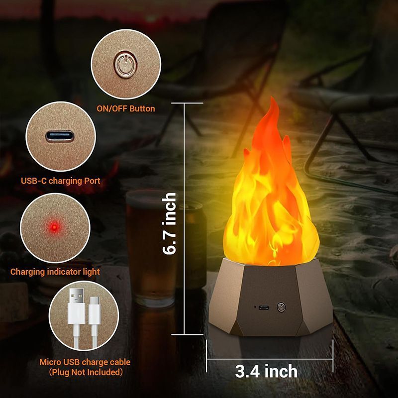 Fake Fire Lamp USB Rechargeable Flameless Candles with Flickering Flame for Camping Halloween