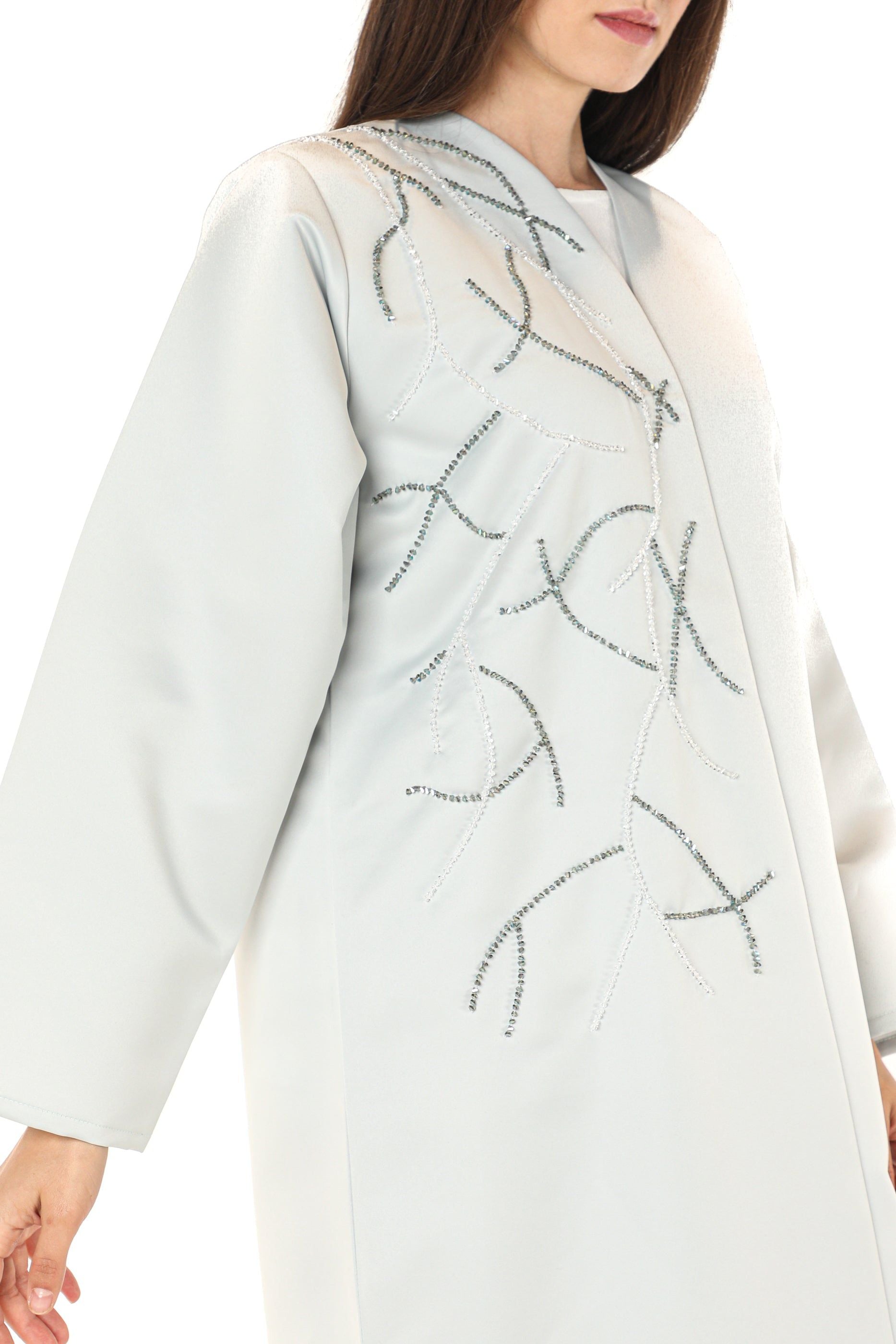 MOiSTREET Bridal Satin Grey Embroidery Abaya