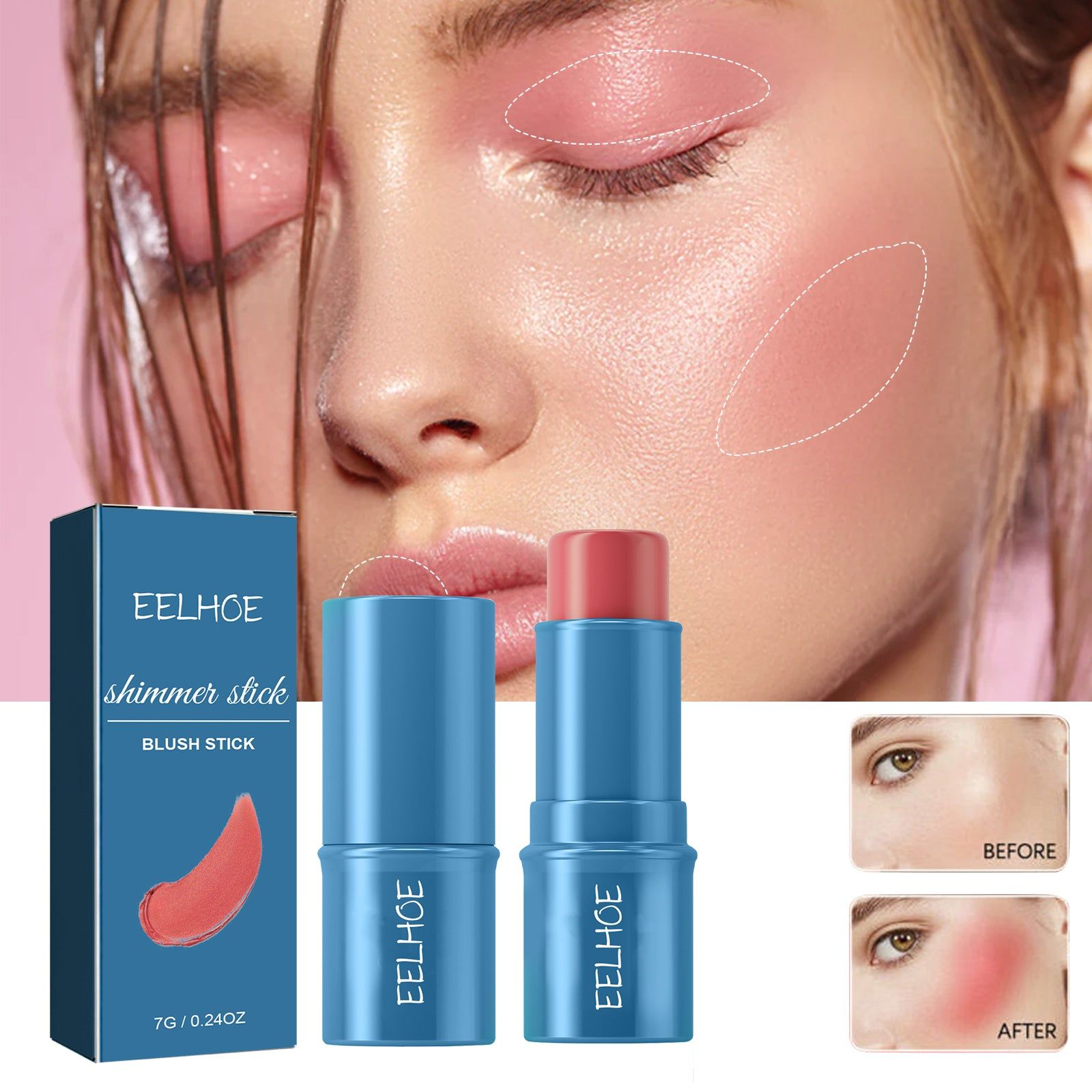 Blush Stick, Natural Waterproof Contouring, Lightweight, 3D Brightening, Makeup Essential ,7g