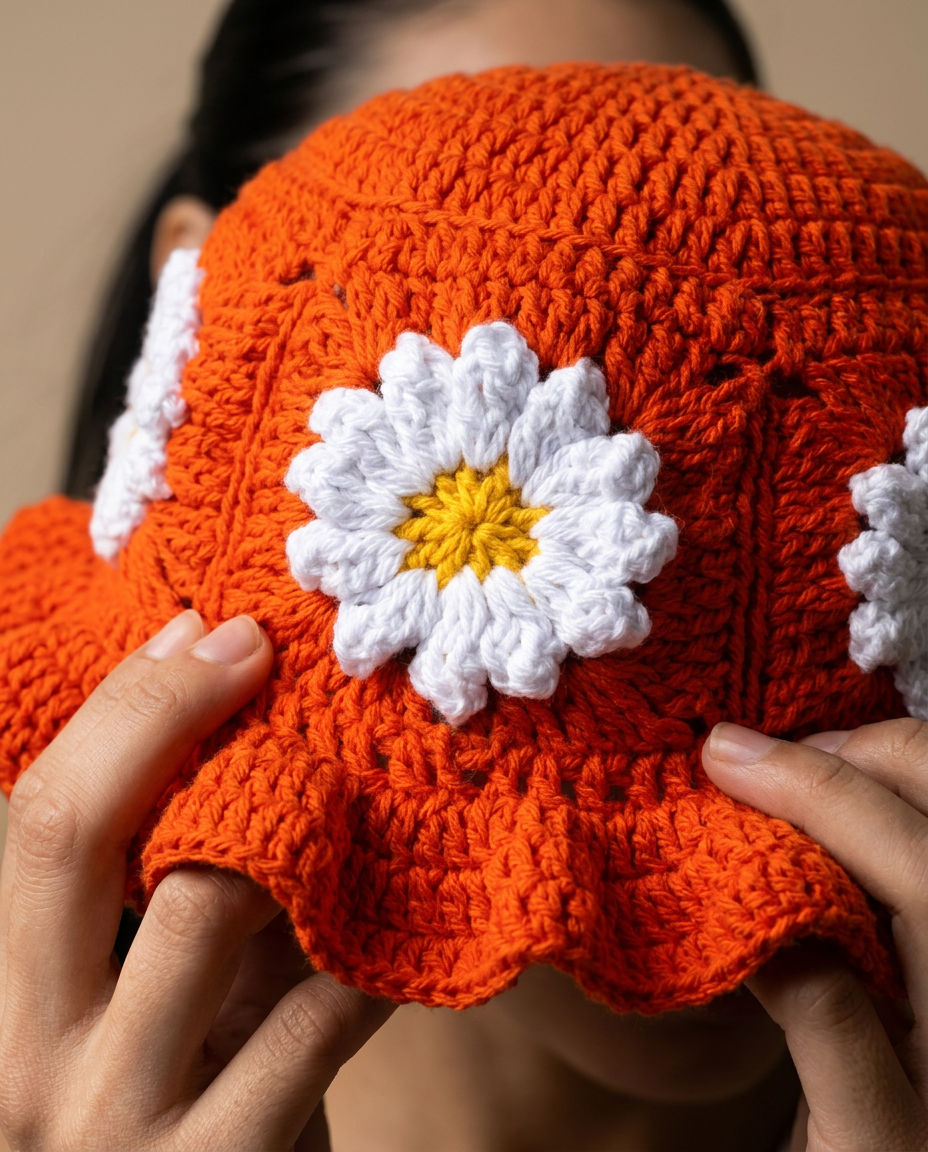 Hush and Stitch Orange Daisy Bucket Hat