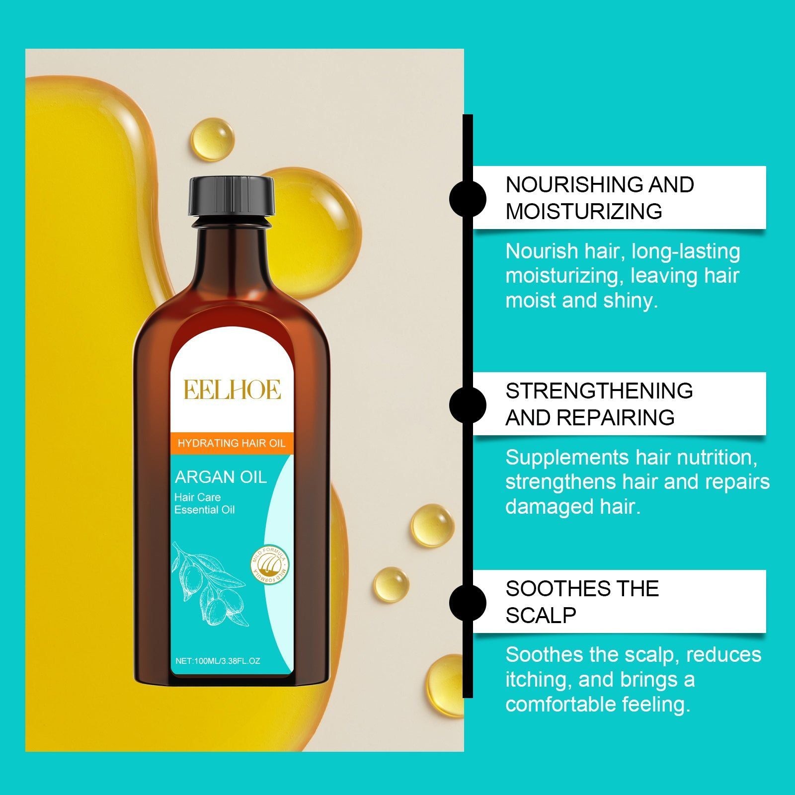 Argan Oil Hair Care Essential Oil for Hydrating, Smoothing, Glossy, Long-Lasting Hair ,100ml