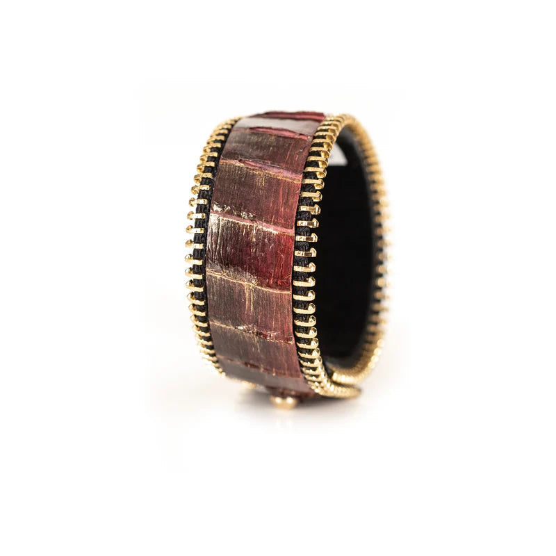 The Dark Burgundy Crocodile Leather Cuff with Gold Zipper Edges