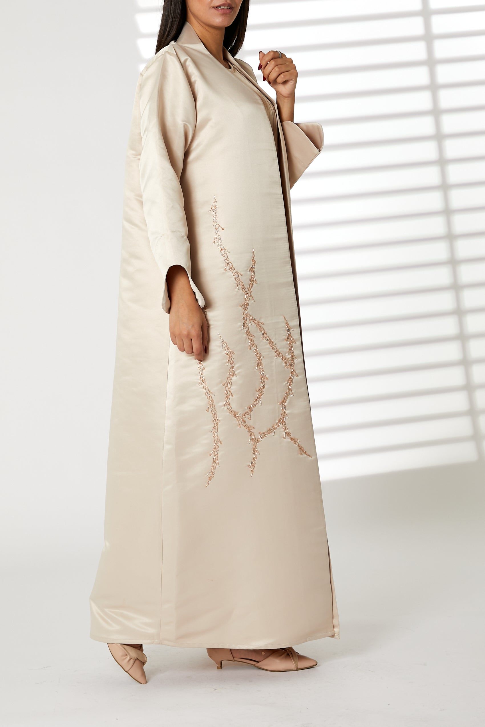 MOiSTREET Peach Bridal Satin Embroidered Open Abaya