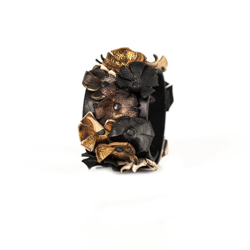 The Dark Black & Bronze Leather Floral Statement Cuff