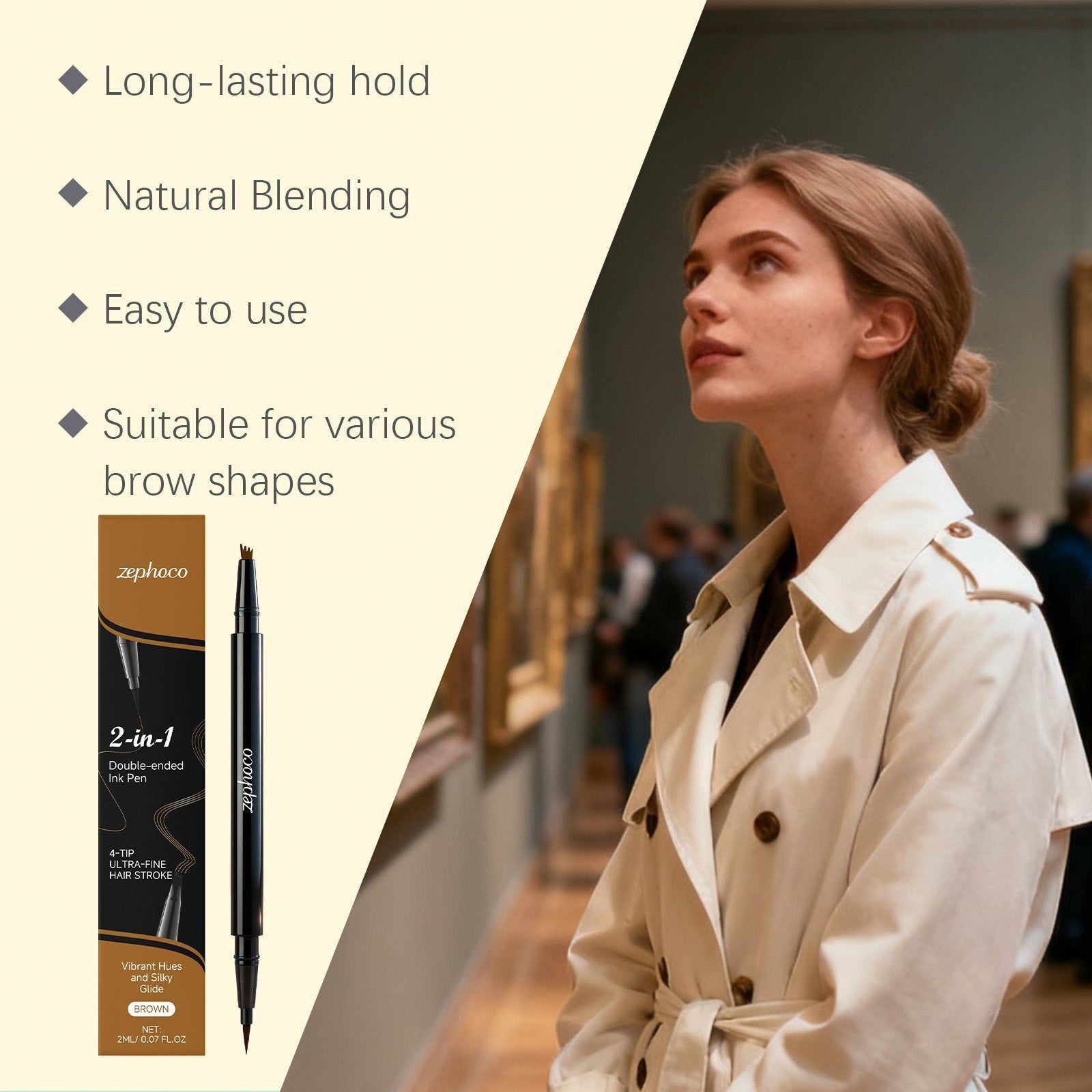 Brown 2-in-1 Eyebrow Pencil, Natural, Smudge-Proof, Easy to Use, Perfect for Flawless Brows ,2ml