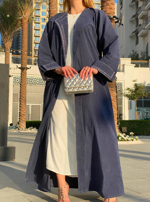MOiSTREET Blue Shamoua Coat Style Abaya with Thread Handwork
