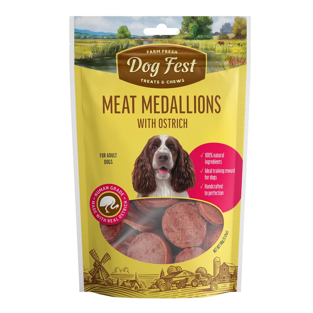 Dog Fest Medallions With Ostrich For Adult Dogs, 90gm