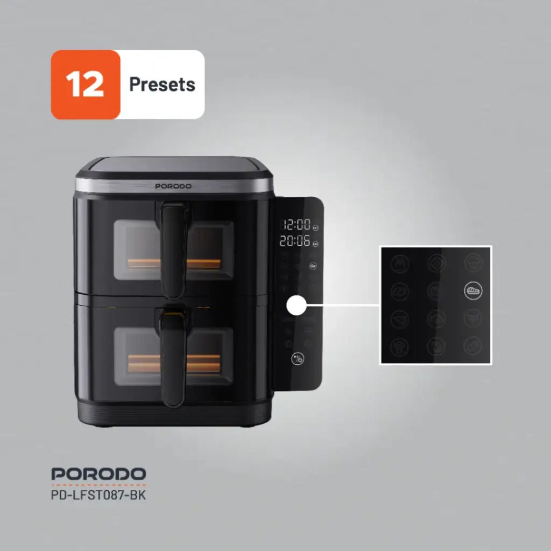 Porodo Lifestyle Double Stack Air Fryer with 12 Presets, Black