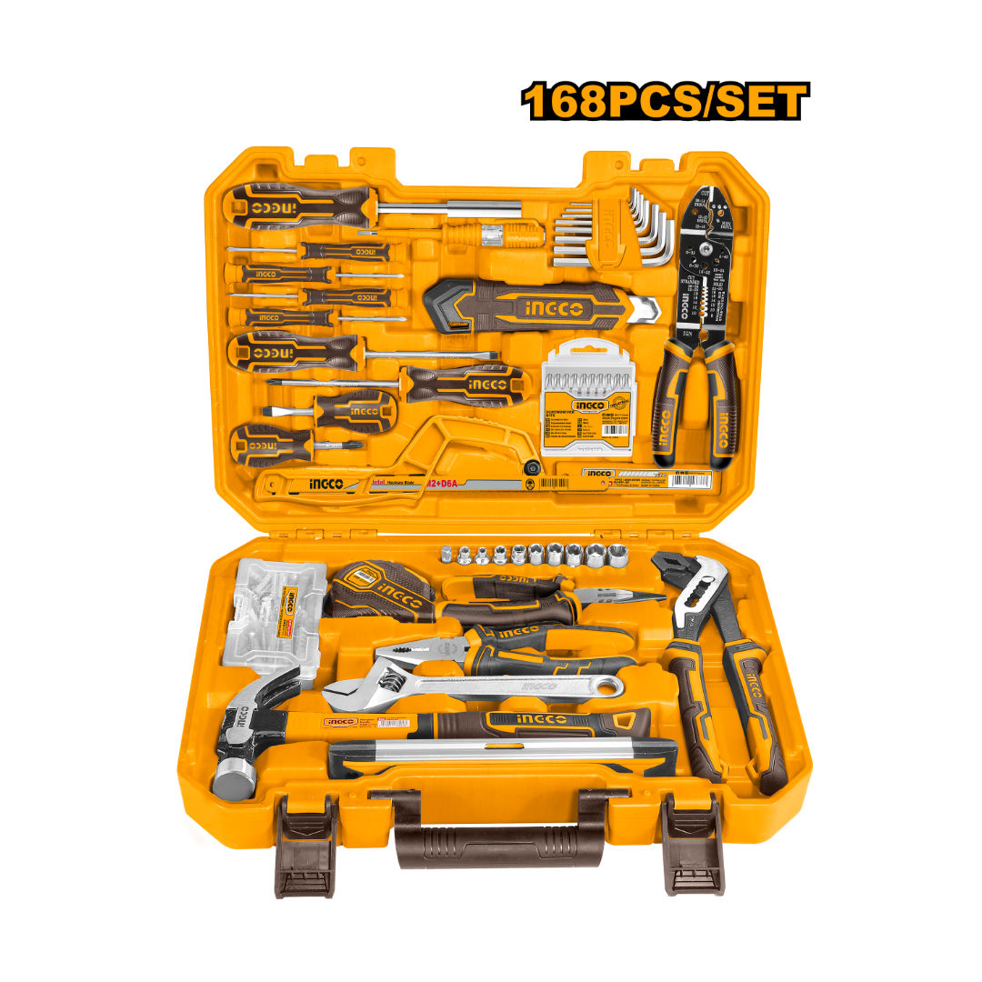 INGCO 168-Piece Home Hand Tool Set, Pliers, Wrenches, Screwdrivers, Bits, Sockets, Spirit Level & Hardware with Carry Case