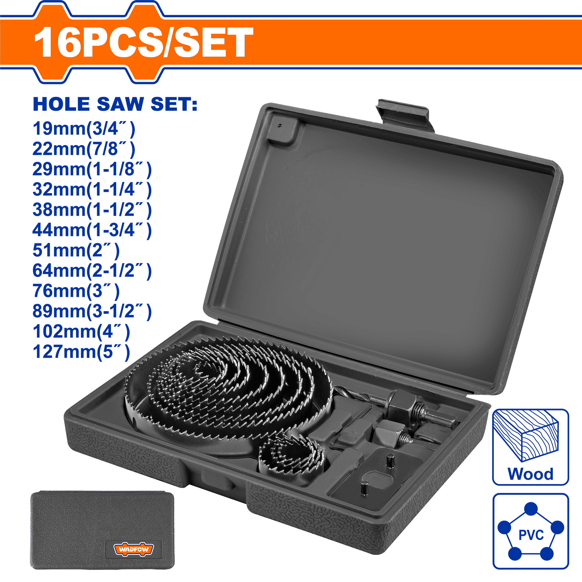 WADFOW 16 Pieces Carbon Steel Hole Saw Set, 19–127mm