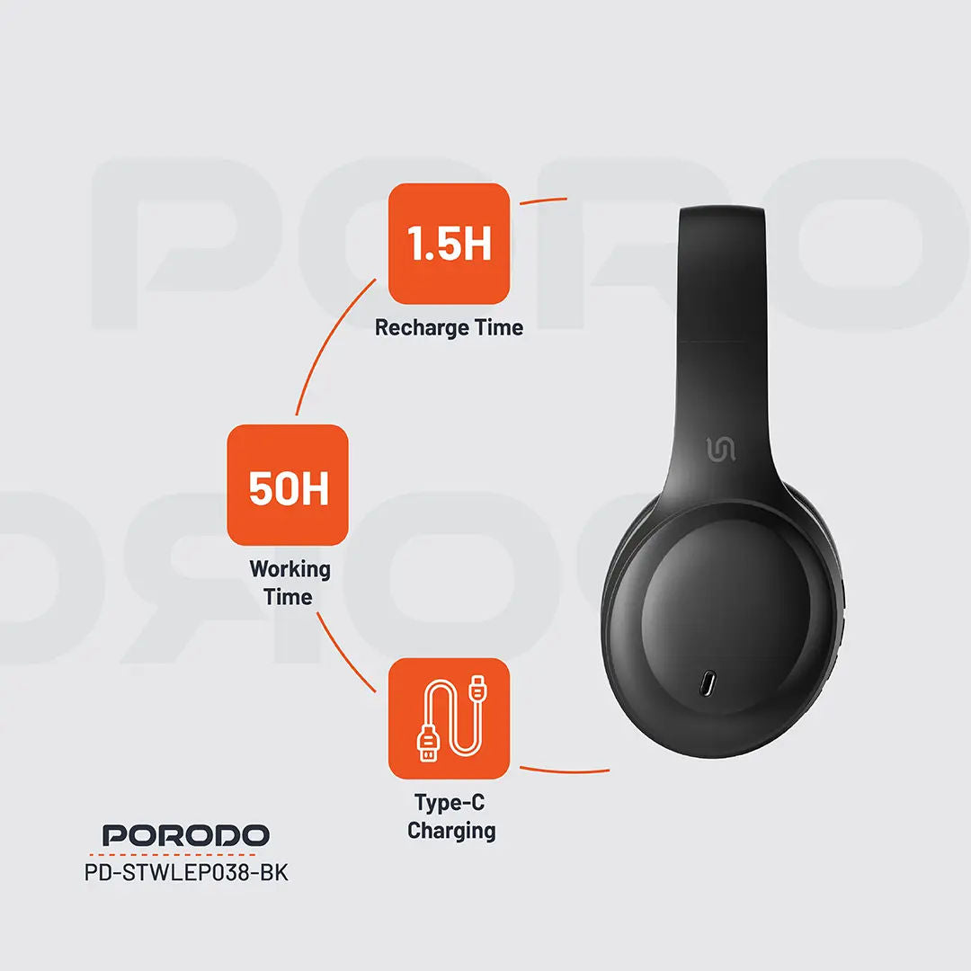 Porodo Soundtec Primo Wireless ENC Headphone , Black