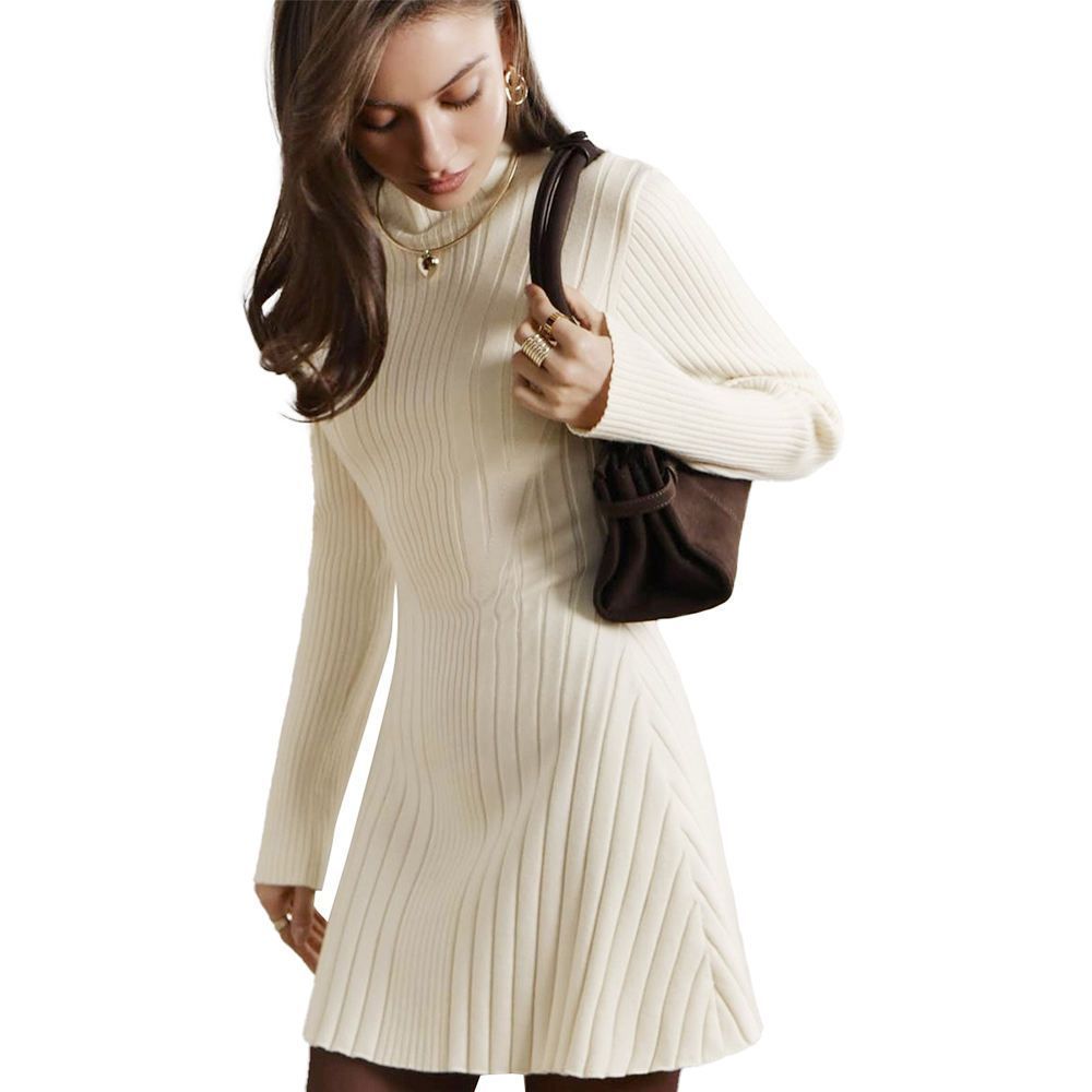 Spring Long Sleeve Turtle Neck Knit Dress Elegant Solid Knit Sweater Dress for Women