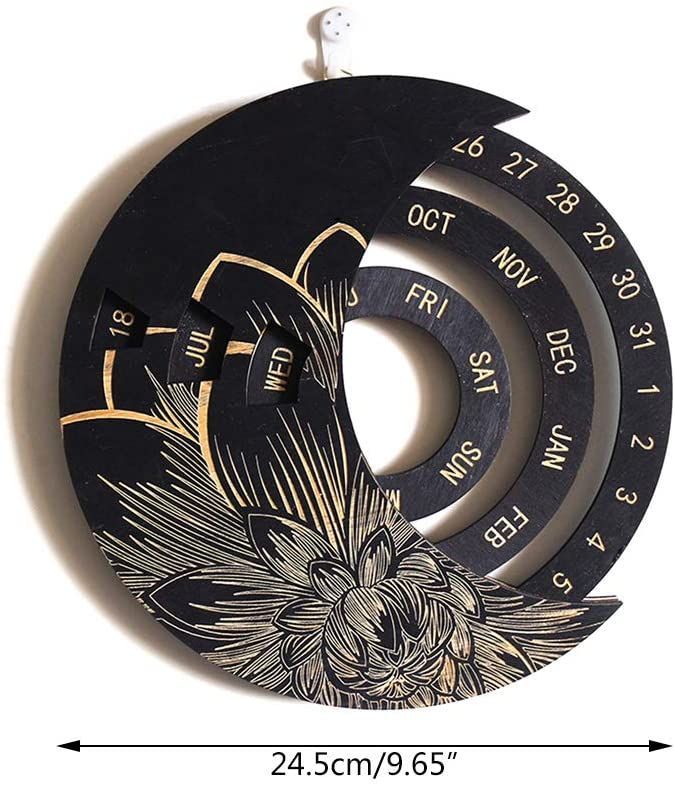 Round Moon Wooden Perpetual Wall Hanging Calendar Birthday Reminder Home Ornament
