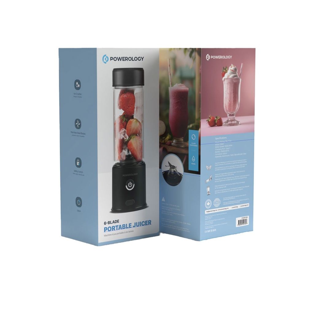 Powerology Blendex Portable Blender 450mL 126W, 6-Blade Rechargeable Personal Juicer, Black