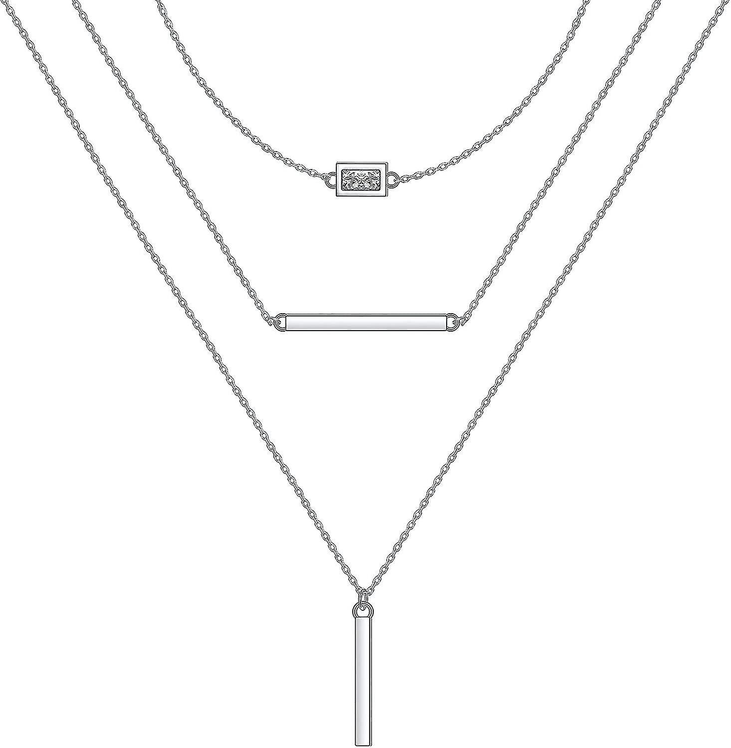 S925 Sterling Silver Multilayer Layered Triple Long Chain Pendant Necklace For Women