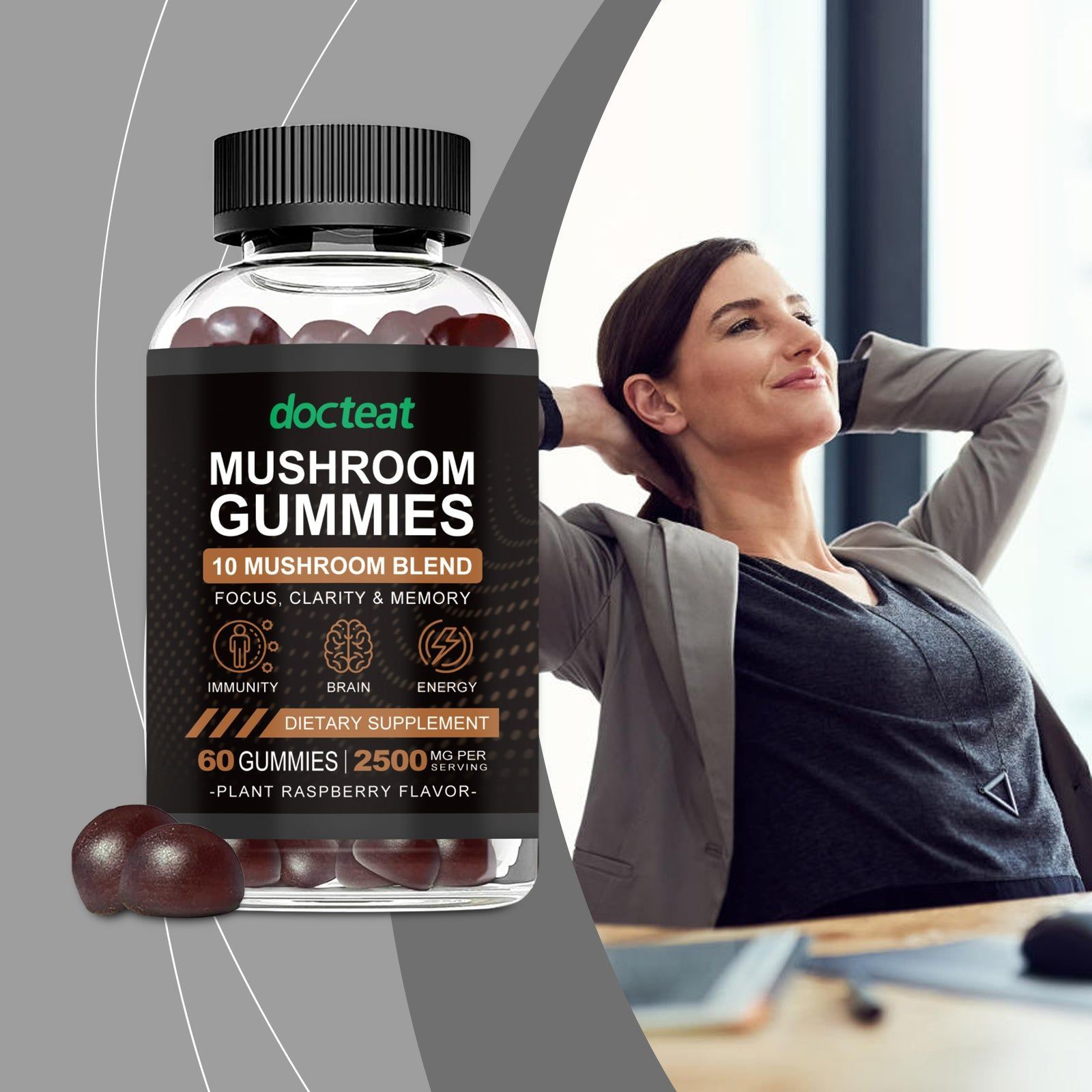 Boost Focus and Energy with Mushroom Gummies, Natural Body Care Supplement ,60pcs