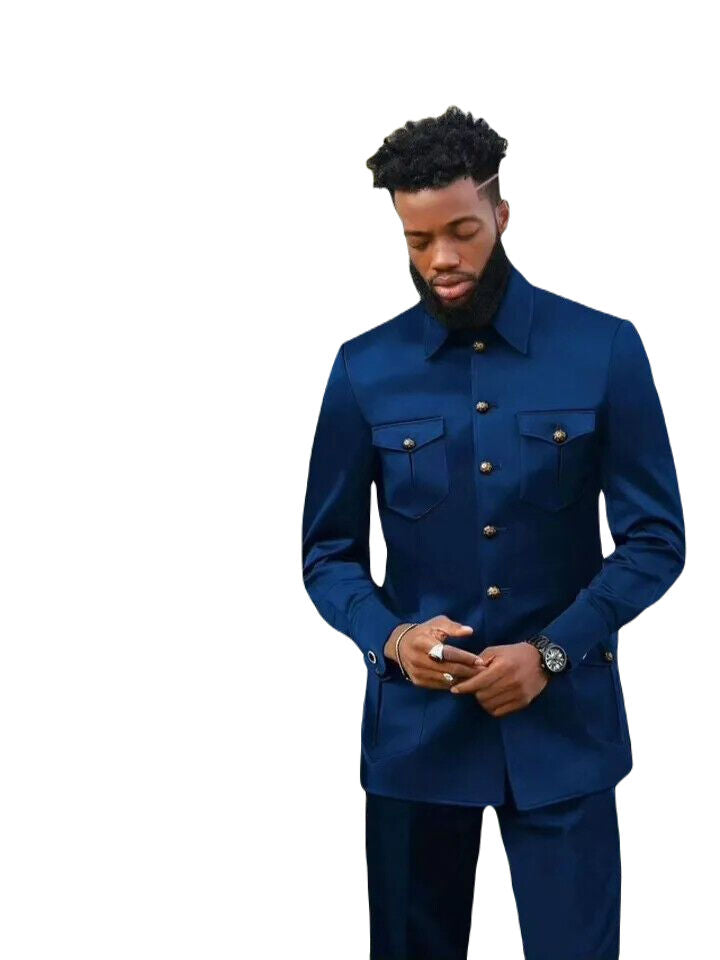 Blue Safari Suit for Men Vintage Style Coat pant Classic Formal Suit.