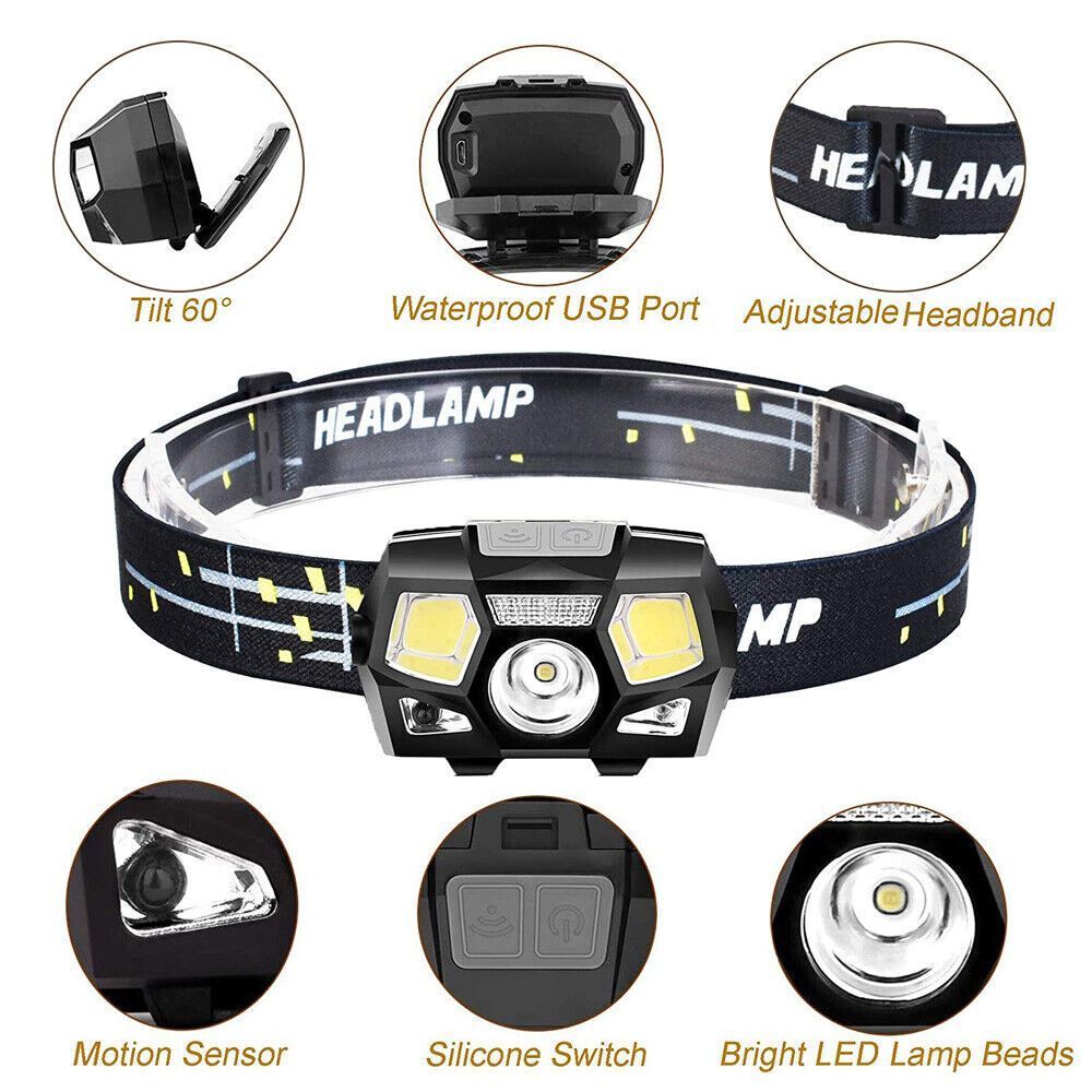 Rechargeable Headlamp with Motion Sensor 1200mAh Super Bright LED Headlight for Camping
