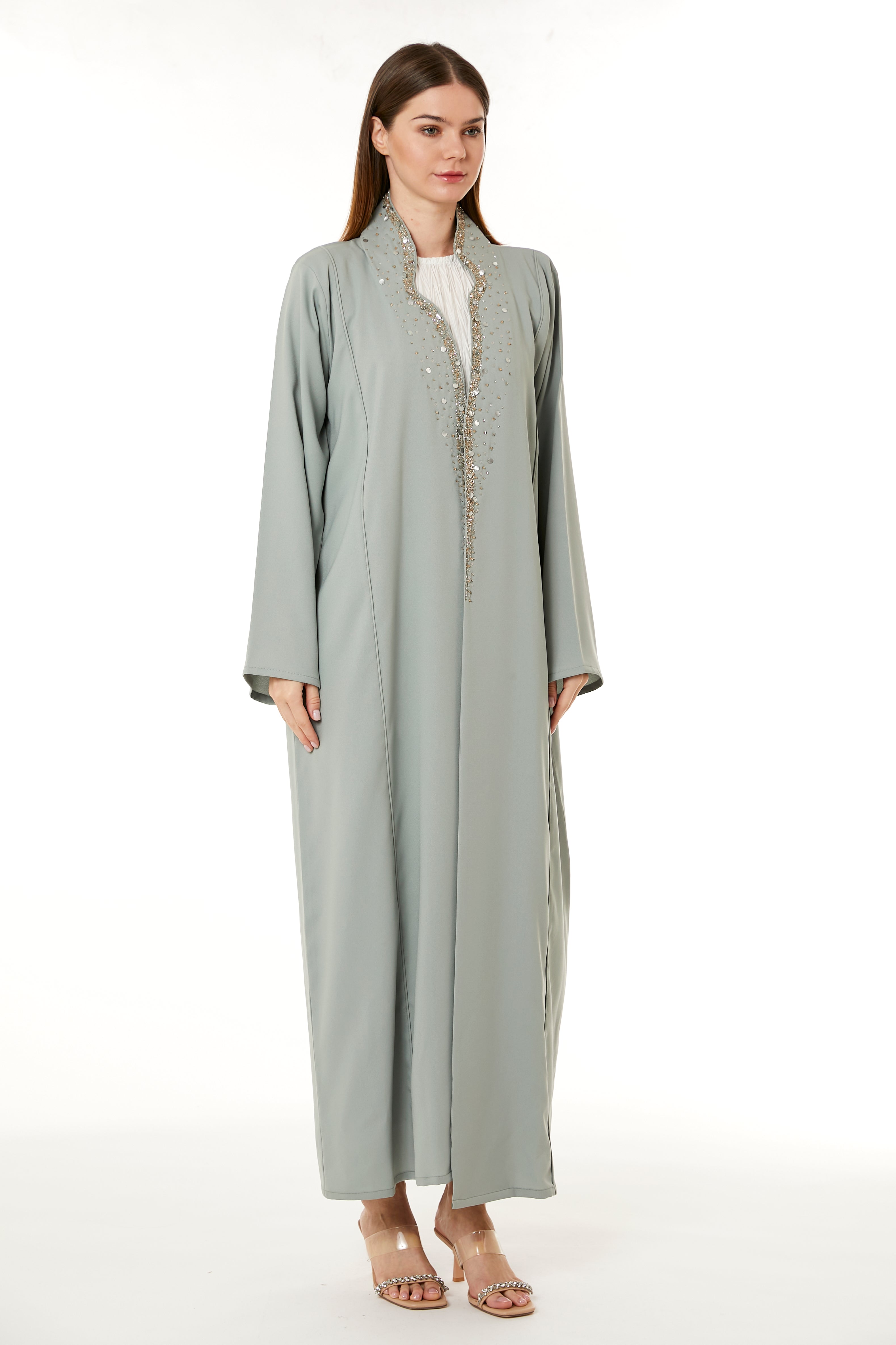MOiSTREET Grey Indonesian Crepe Hand Embellished Abaya