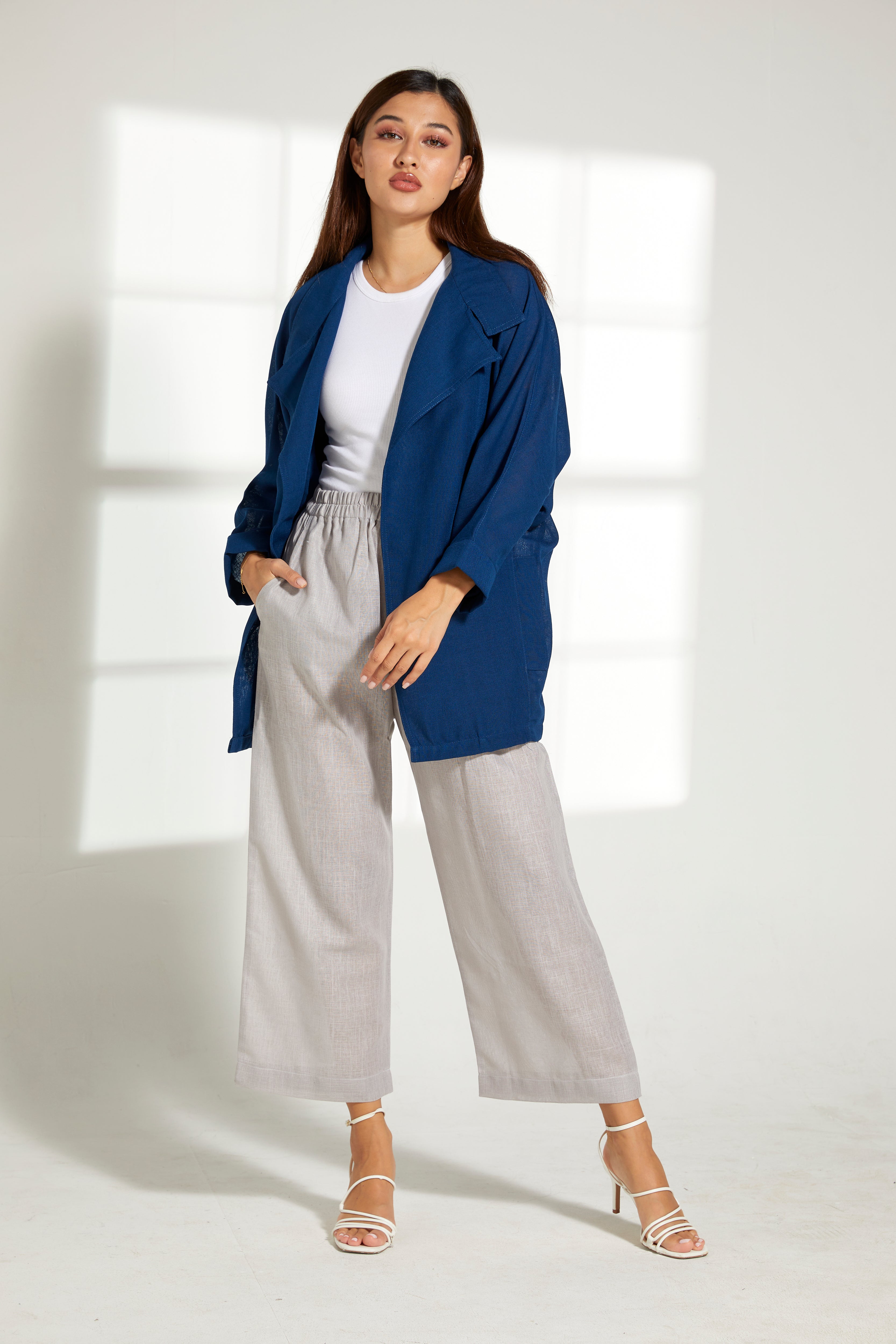 MOiSTREET Blue Linen Top and Grey Pants Set