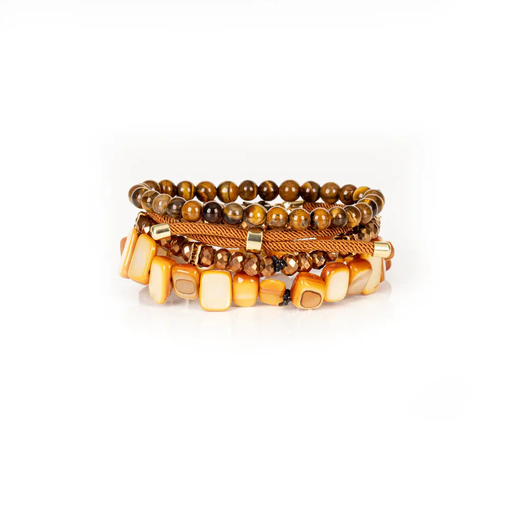 The Dark The Golden Ember Brown & Amber Stone Layered Bracelet Set