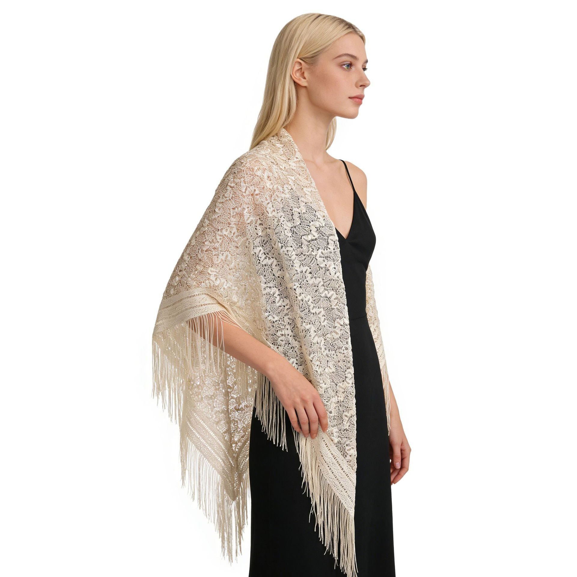 Beige Lace Shawl Wrap with Fringe for Women Evening Dress