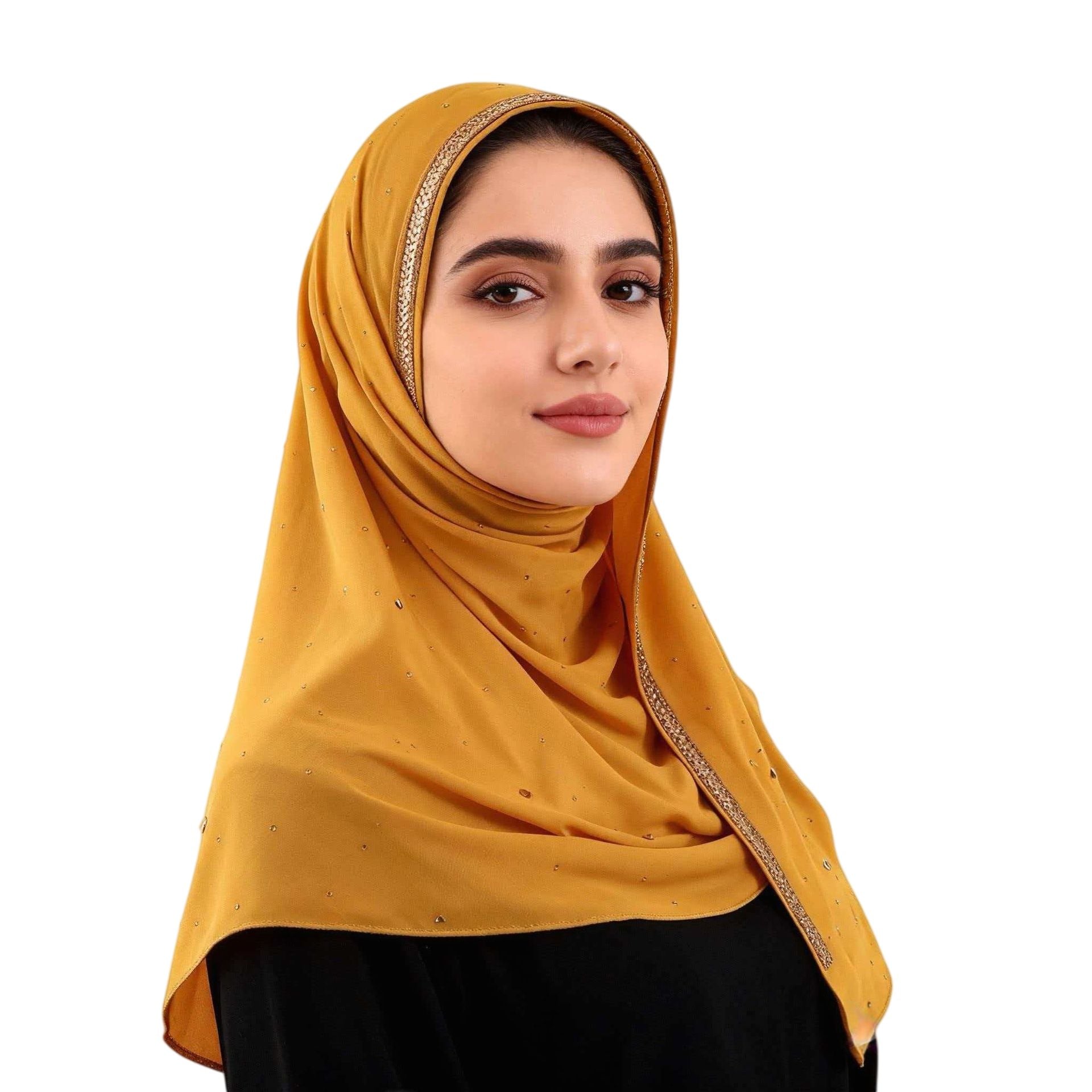 Yellow Chiffon Pearl Rhinestone Hijab Scarf for Women 170x70cm