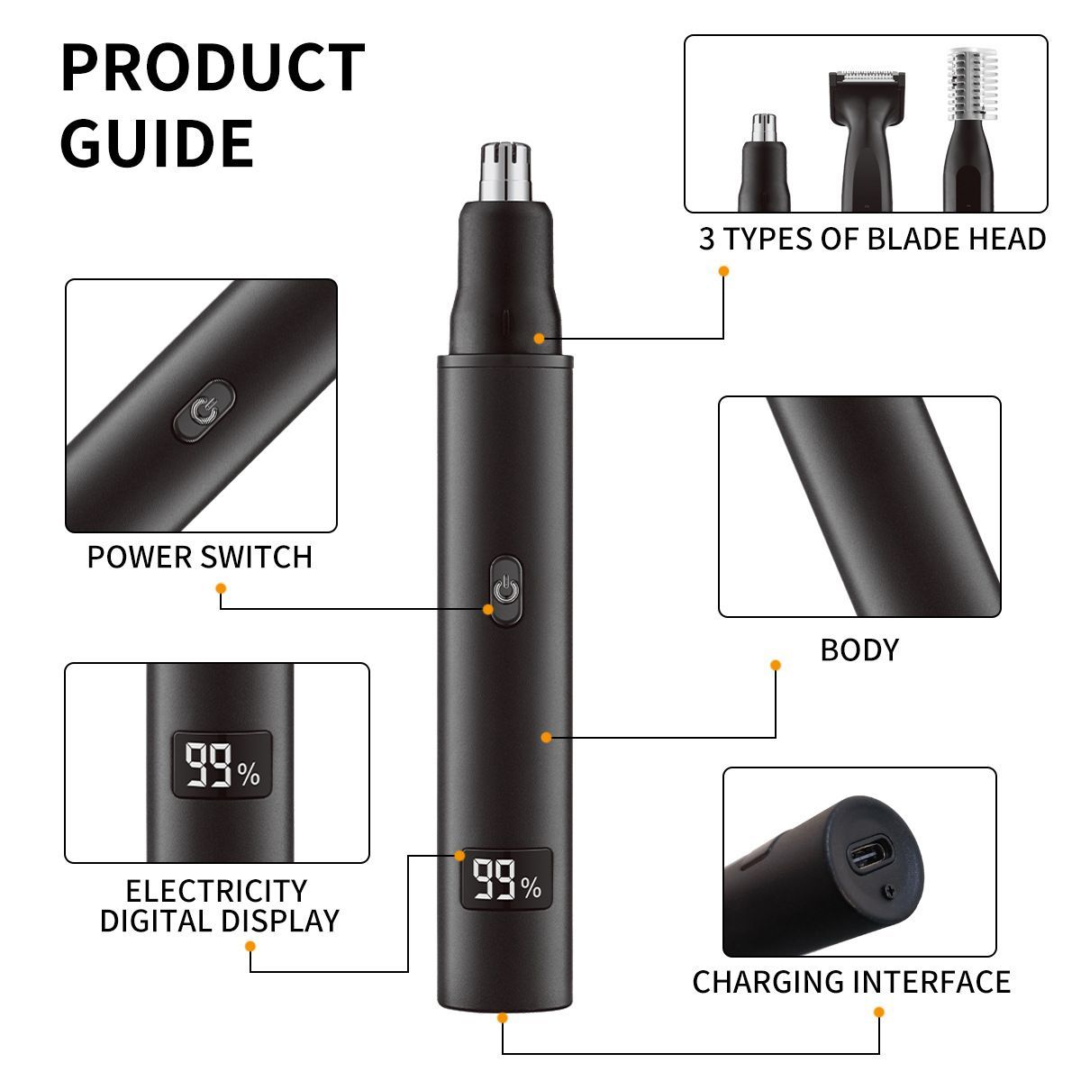 3-in-1 USB Nose Hair Trimmer with LCD Display