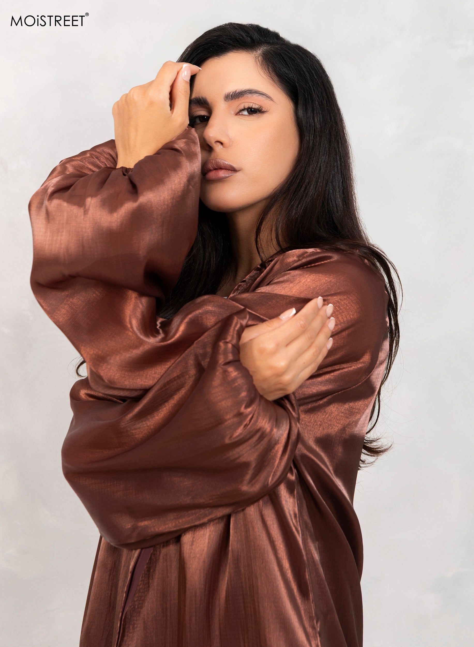 MOiSTREET Rotana Shimmer Brown Abaya Set with Under Dress & Sheila