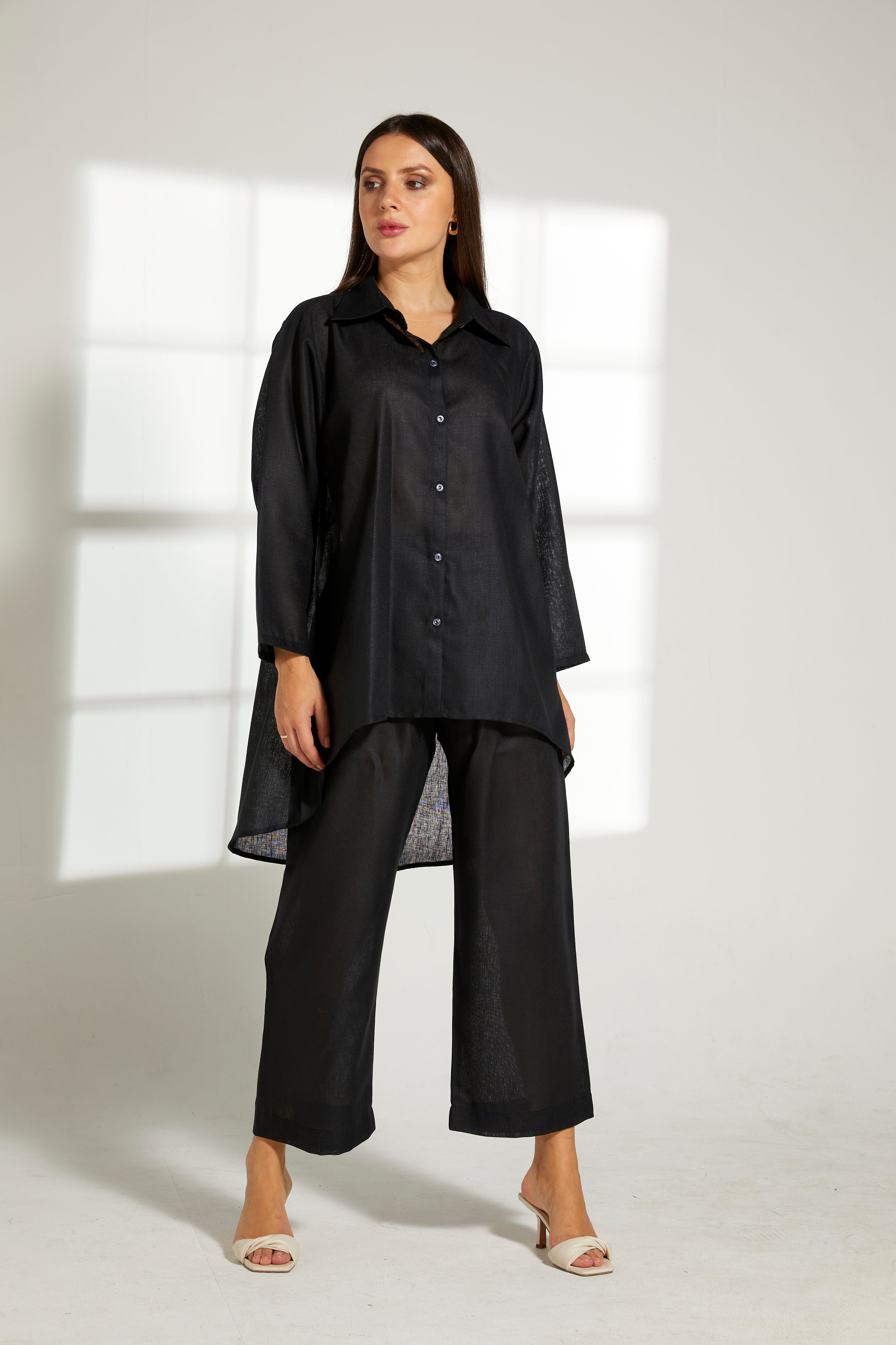 MOiSTREET Black Linen Fabric Top and Pants Set