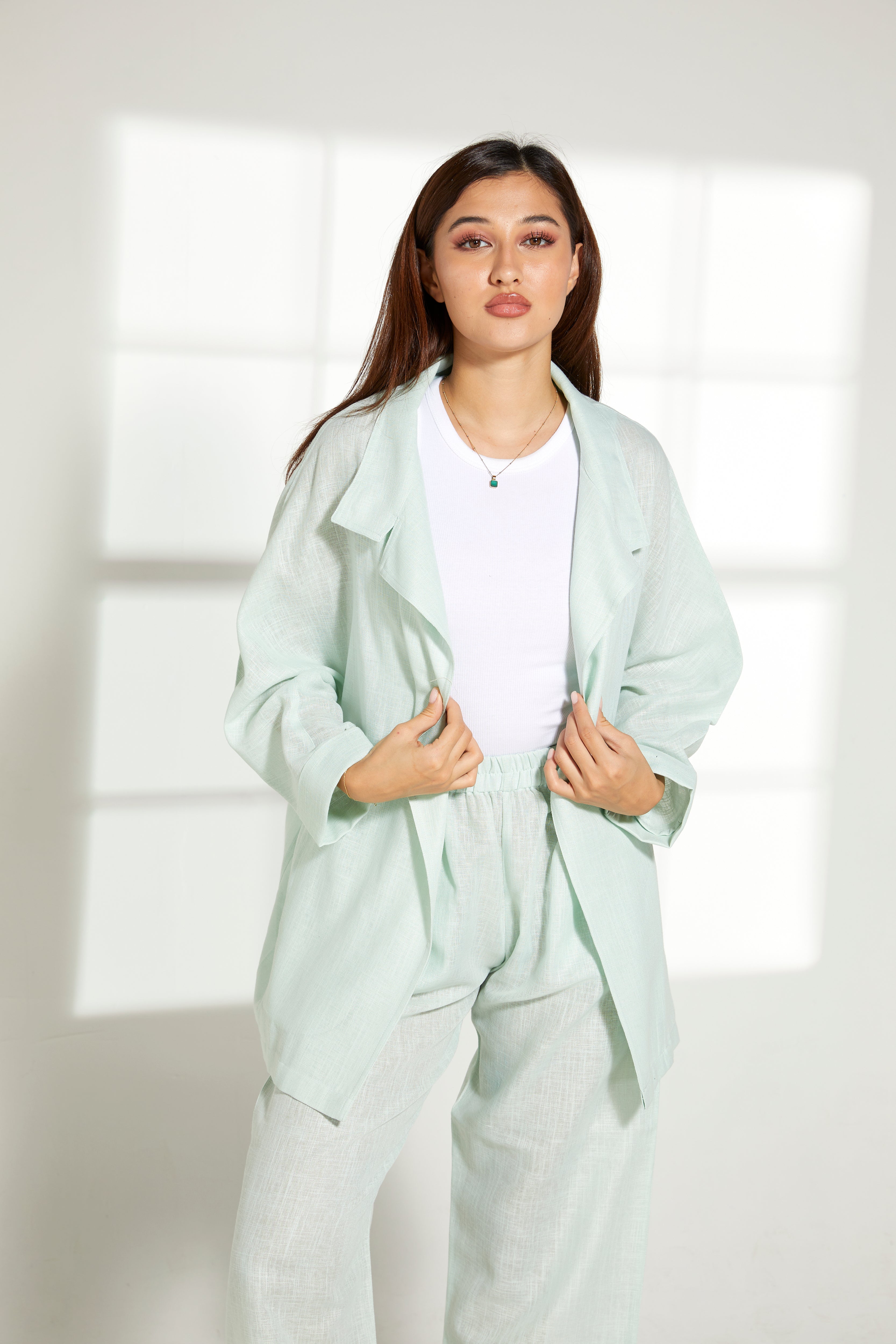 MOiSTREET Sea Green Linen Top and Pants Set