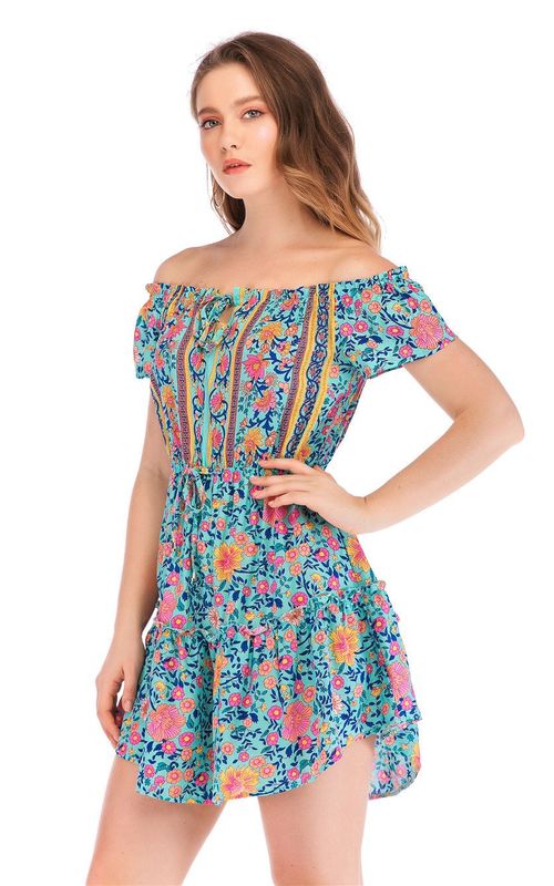 Floral Print Strapless Dress Off Shoulder Sexy Short Dress Women Vacation Beach Wear