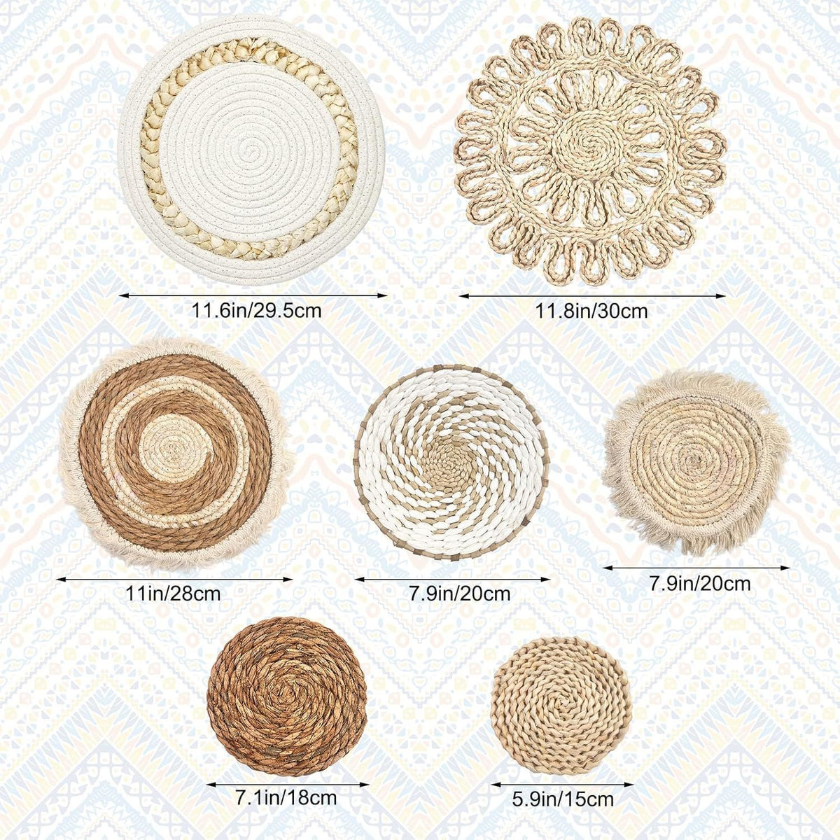 7pcs Boho Wall Baskets Wall Hanging Rattan Decor Farmhouse Macrame Hanging Woven Baskets