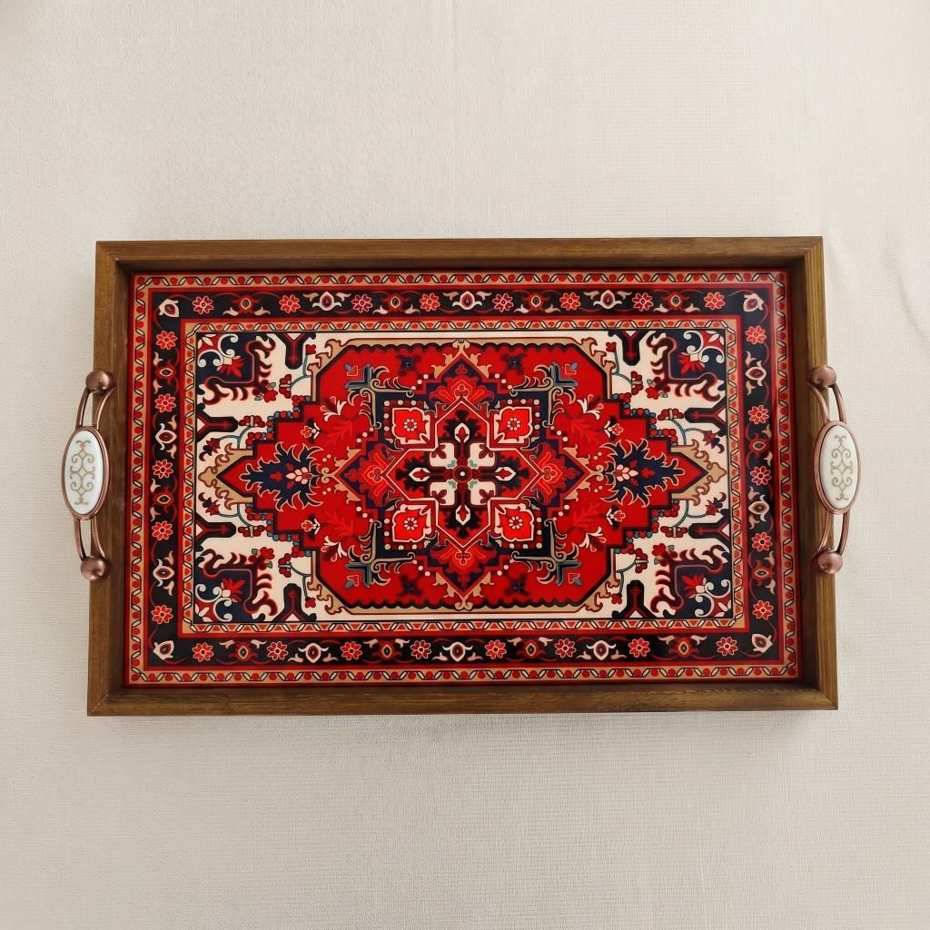 Persian Rug Style Wooden Serving Tray with Handles – Oriental Moroccan Pattern Coffee Table Decor, Boho Tea Serving Tray