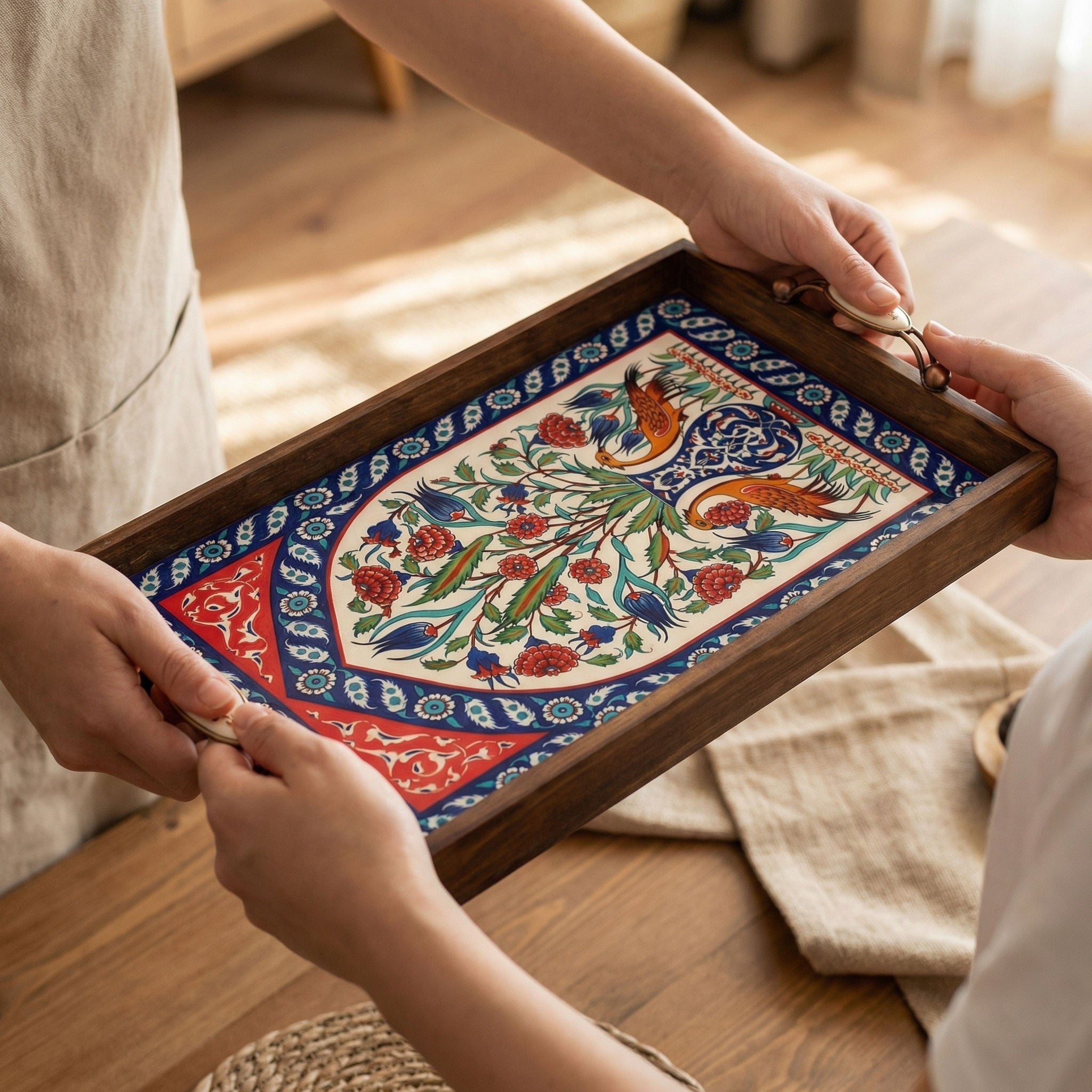 Handmade Wooden Serving Tray with Turkish Ceramic Tile Decor