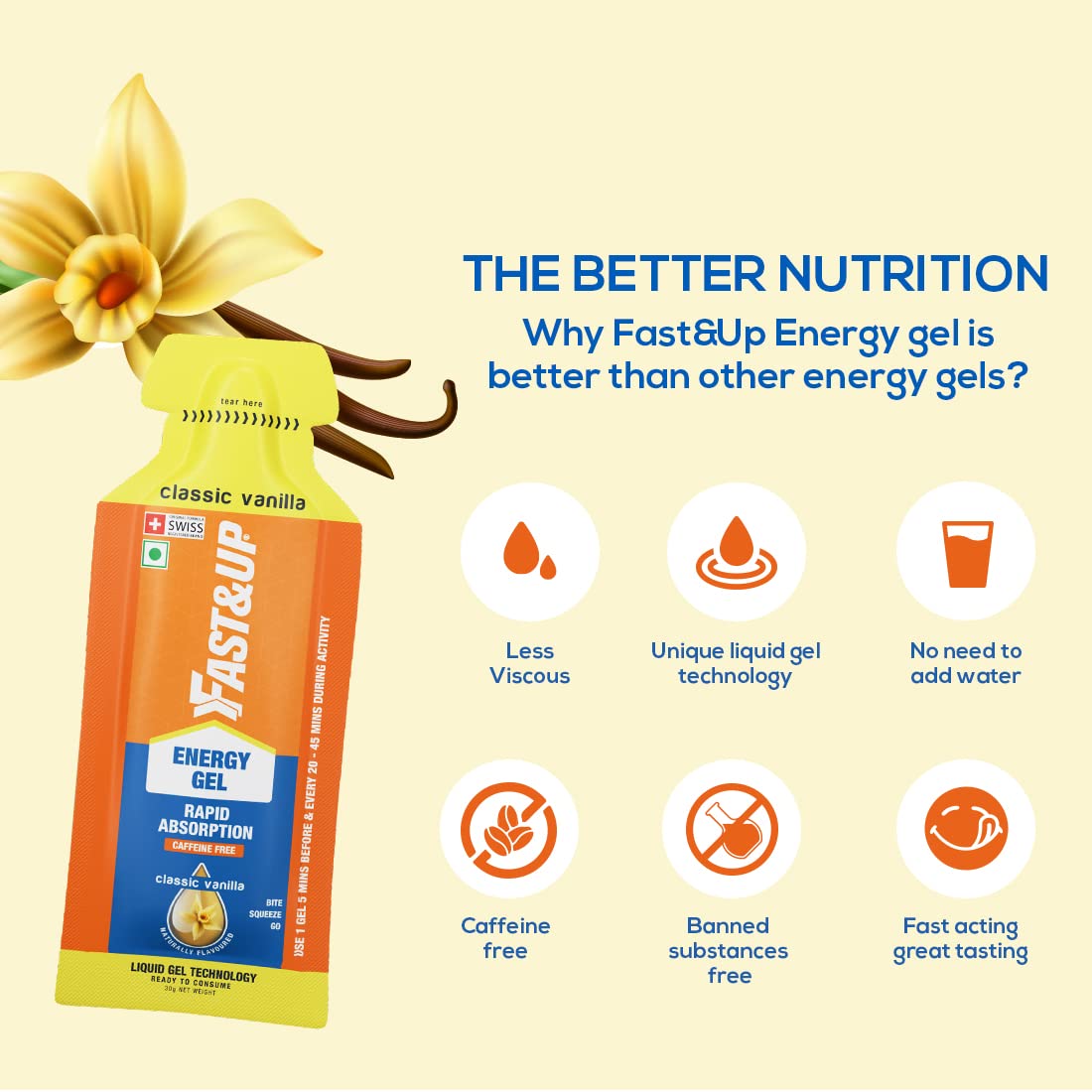 جل الطاقة Fast&up - طاقة فورية (عبوة من 5 قطع) - فانيليا كلاسيكية