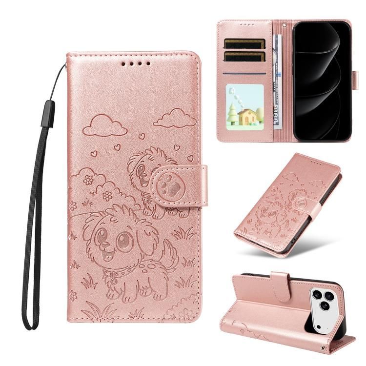 For iPhone 18 Pro Max / iPhone 17 Pro Max Embossed Heart Dog RFID Blocking Wallet Leather Phone Case