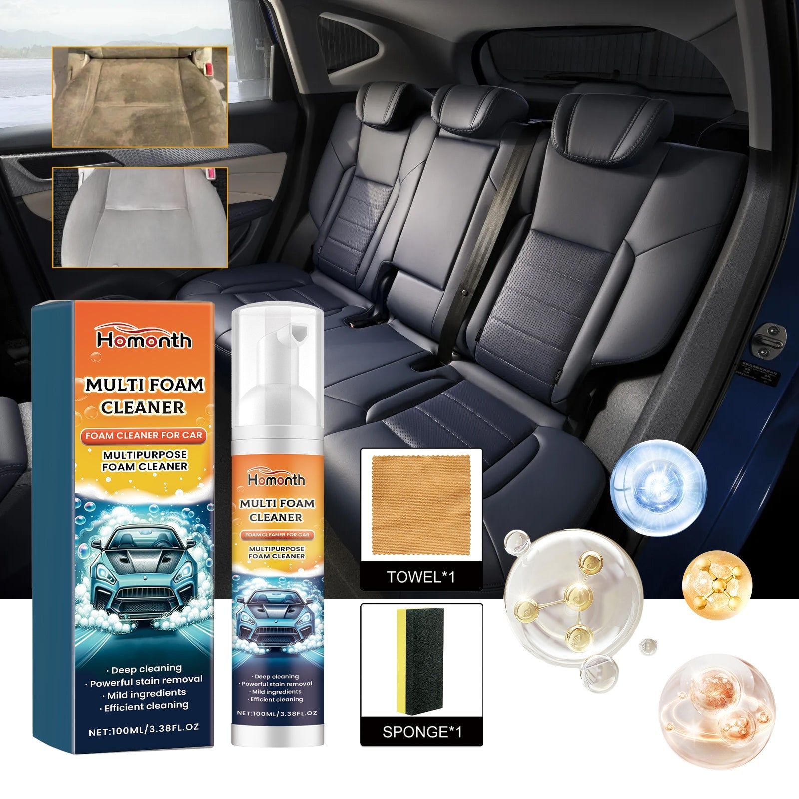 Car Cleaning Foam Cleaner, Multi-Purpose Interior & Seat Fabric Decontamination, Safe and Easy to Use ,1set