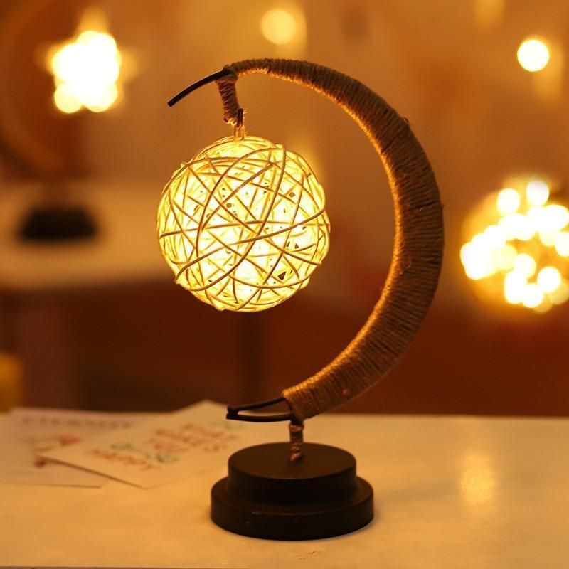 LED Moon Night Light Hanging Vine Ball Desk Lamp Handmade Rope Rattan Table Lamp Bedroom Decoration