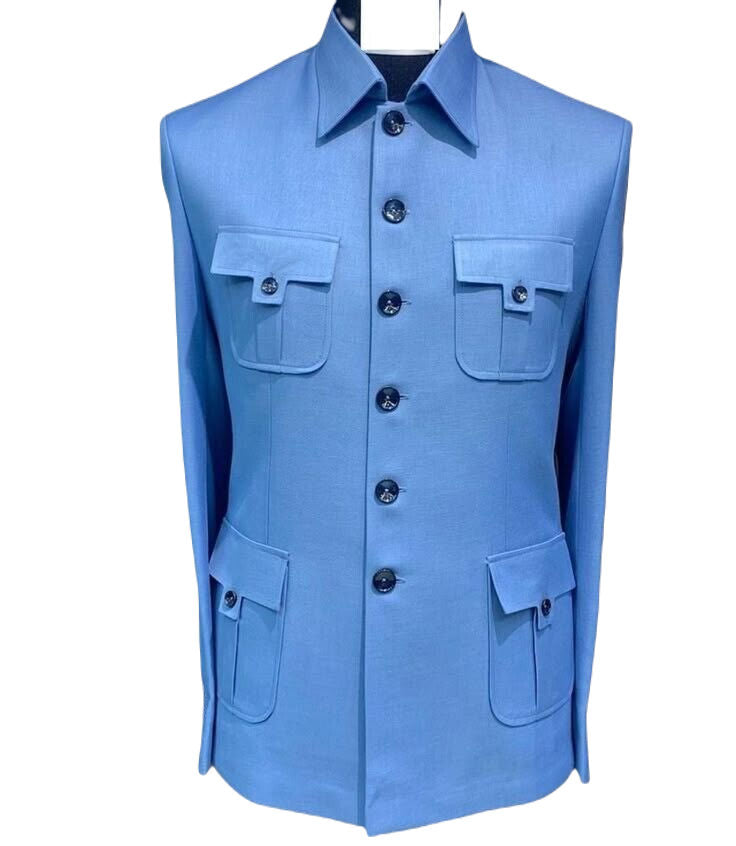 Blue Safari Suit for Men Vintage Stylish Coat pant Classic Formal Suit.