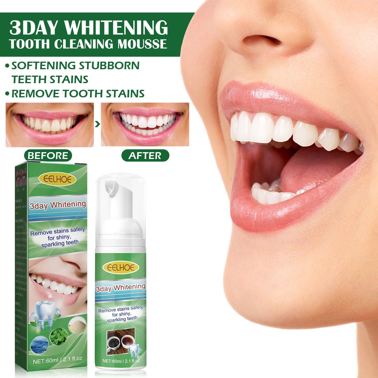 3-Day Whitening Tooth Mousse, Fresh Breath, Remove Stains, Brighten Smile ,60ml