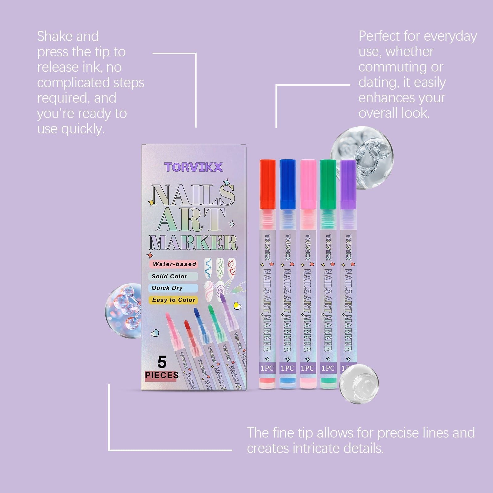 Bright Nail Art Graffiti Pen, Waterproof, Easy DIY Manicure, Vibrant Colors ,5pieces