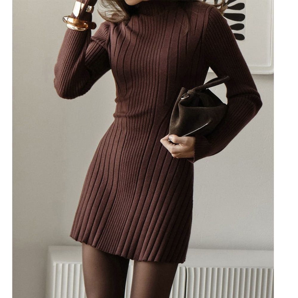 Spring Long Sleeve Turtle Neck Knit Dress Elegant Solid Knit Sweater Dress for Women