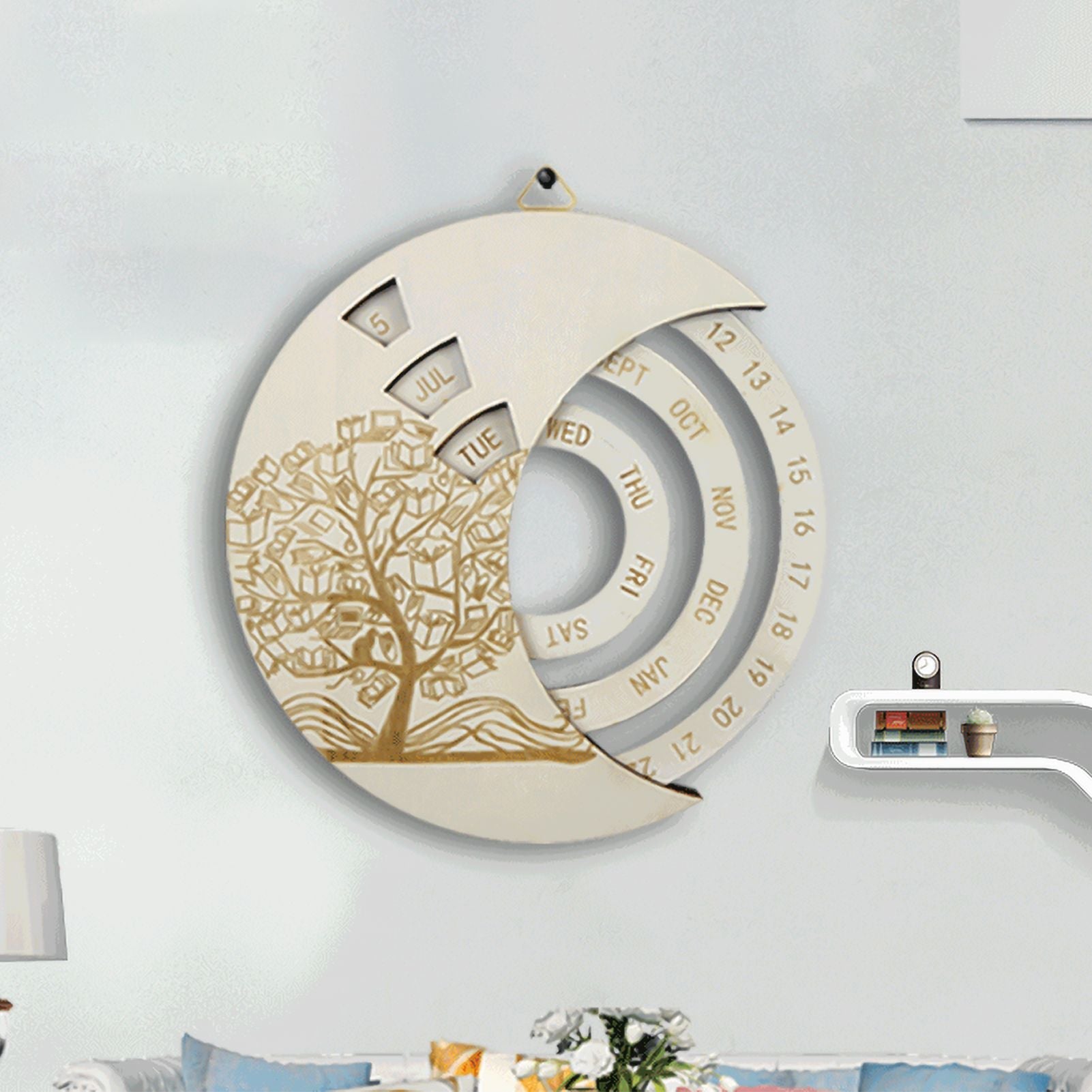 Round Moon Wooden Perpetual Wall Hanging Calendar Birthday Reminder Home Ornament